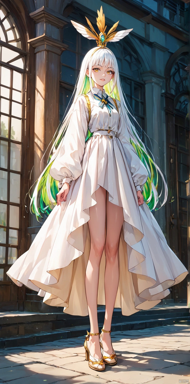 Super long legs, 1 girl, standing,8k, RAW photo, best quality, masterpiece, illumination Pro, ((poakl)),Aki fuuma,white hair, multi color hair,yellow eyes,long_hair, hair_ornament,score_9_up score_8_up score_7_up, 