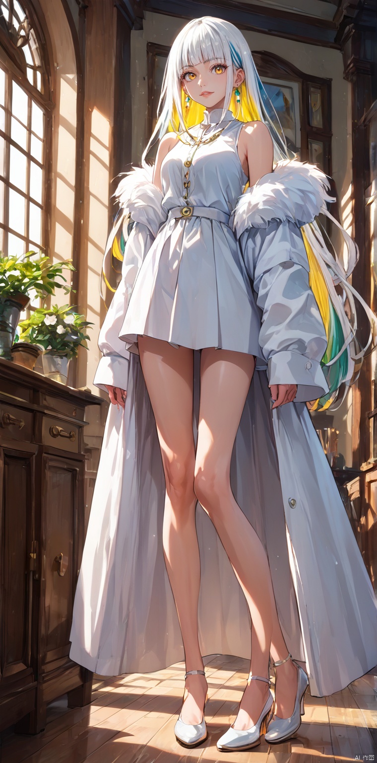 Super long legs, 1 girl, standing,8k, RAW photo, best quality, masterpiece, illumination Pro, ((poakl)),Aki fuuma,white hair, multi color hair,yellow eyes,long_hair, hair_ornament,score_9_up score_8_up score_7_up, 