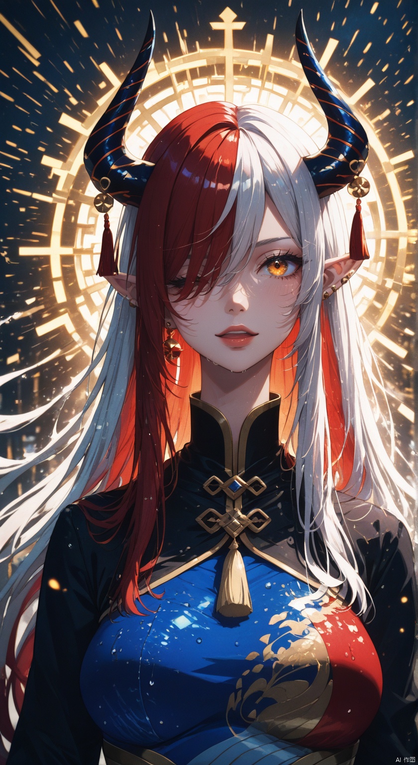 1girl, solo, long hair, looking at viewer, smile, jewelry, closed mouth, yellow eyes, upper body, white hair, red hair, multicolored hair, earrings, horns, pointy ears, hair over one eye, tassel, snake, chinese text ,backlighting,blue and white theme,depth of field,cinematic lighting,light particles,lens flare, (artist:quasarcake:0.8),extreme aesthetic,(wlop:0.6),masterpiece,best quality,good quality,newest,year 2024,year 2023,very aesthetic,absurdres,Visual impact,A shot with tension, ultra-high resolution,32K UHD,sharp focus,best-quality,masterpiece,Emotionalization,unconventional supreme masterpiece,masterful details,temperate atmosphere,with a high-end texture,in the style of fashion photography, (Visual impact:1.2),giving the poster a dynamic and visually striking appearance,impactful picture,offcial art,colorful,splash of color,movie perspective, masterpiece,best quality,amazing quality,very aesthetic,absurdres,best quality,newest,Wet body wet,SHI1RO_VO1D_ILLU, GLITCH ART, FILM GRAIN,,BLURRY,