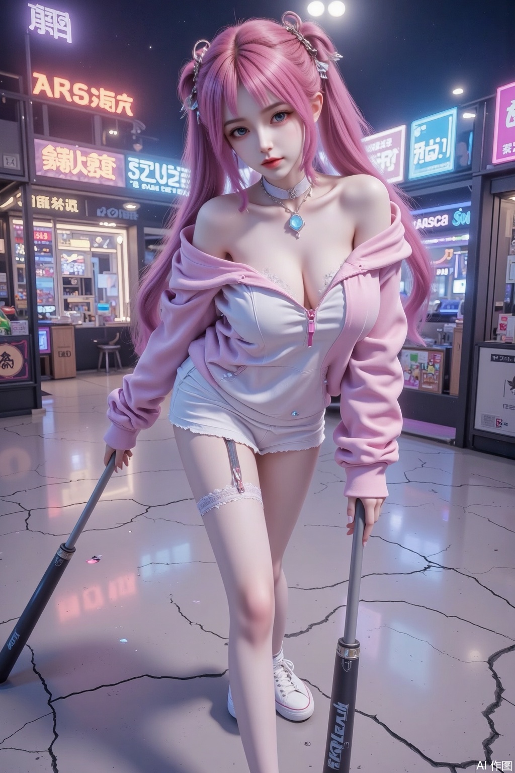 masterpiece, best quality, high quality, extremely detailed, huge breasts,,(pink hair:1.4),(very long legs:1.3),masterpiece, very awa, amazing quality, best quality, newest, highres, very aesthetic, absurdres
1girl, solo,
long hair, multicolored hair, black hair, orange hair, orange eyes, open mouth, fangs, extra large hoodie, hood down, bare legs, thigh strap, o-ring choker, sneakers, black eyeshadow, black lips,
looking at viewer, standing, (head tilt), holding, holding grey metal baseball bat, dragging the grey metal baseball bat on the ground,
fisheye, （from above：1.5）, close up, full body, focus face, 8k, depth of field, glitch, (chromatic aberration), cracking floor,
abstract, surreal,  , small breasts,,(purple hair:1.4),(very long legs:1.3),masterpiece, very awa, amazing quality, best quality, newest, highres, very aesthetic, absurdres
1girl, solo,
long hair, multicolored hair, black hair, orange hair, orange eyes, open mouth, fangs, extra large hoodie, hood down, bare legs, thigh strap, o-ring choker, sneakers, black eyeshadow, black lips,
looking at viewer, standing, (head tilt), holding, holding grey metal baseball bat, dragging the grey metal baseball bat on the ground,
fisheye, （from above：1.5）, close up, full body, focus face, 8k, depth of field, glitch, (chromatic aberration), cracking floor,
abstract, surreal, 