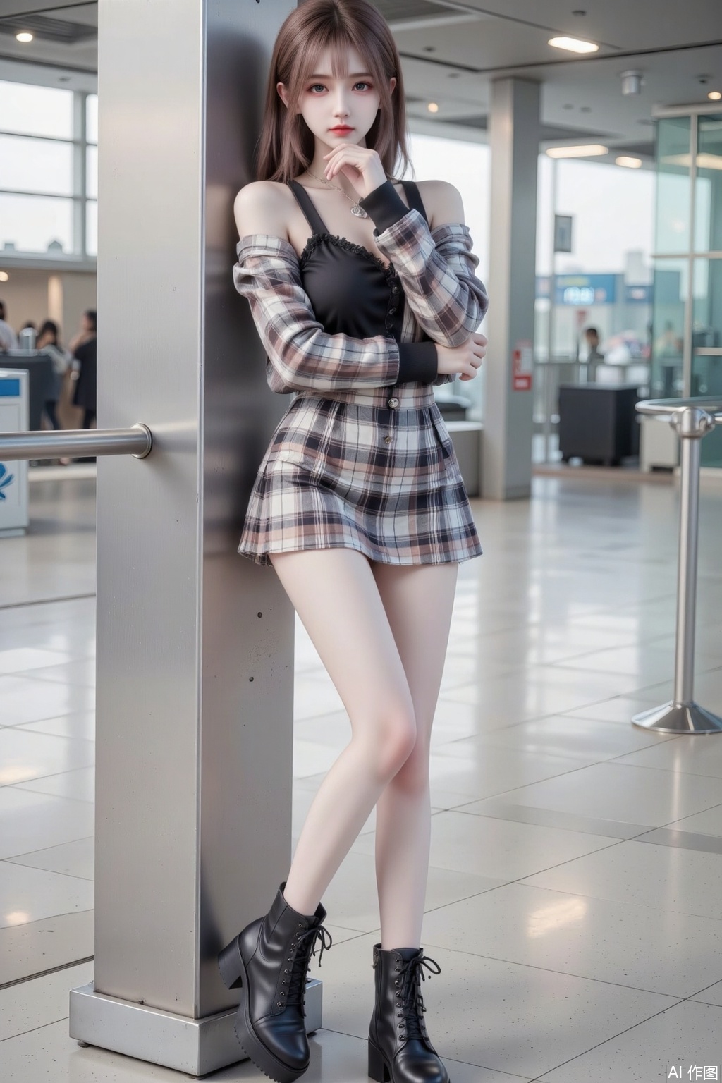 Masterpiece, top quality, high quality, (color), small chest, (black hair: 1.4), (long legs: 1.4),An Asian woman with a sleek, shoulder-length brown hairstyle is captured in a half-body shot. Her outfit features a tight, plaid miniskirt that accentuates her toned thighs. She accessorizes with a pair of stylish platform boots, giving her a confident look. Leaning against a pillar with a hand on her chin and a look of annoyance, she looks directly at the viewer. The composition is shot from a diagonal angle, emphasizing her posture and the airport's modern design in the background.,xs