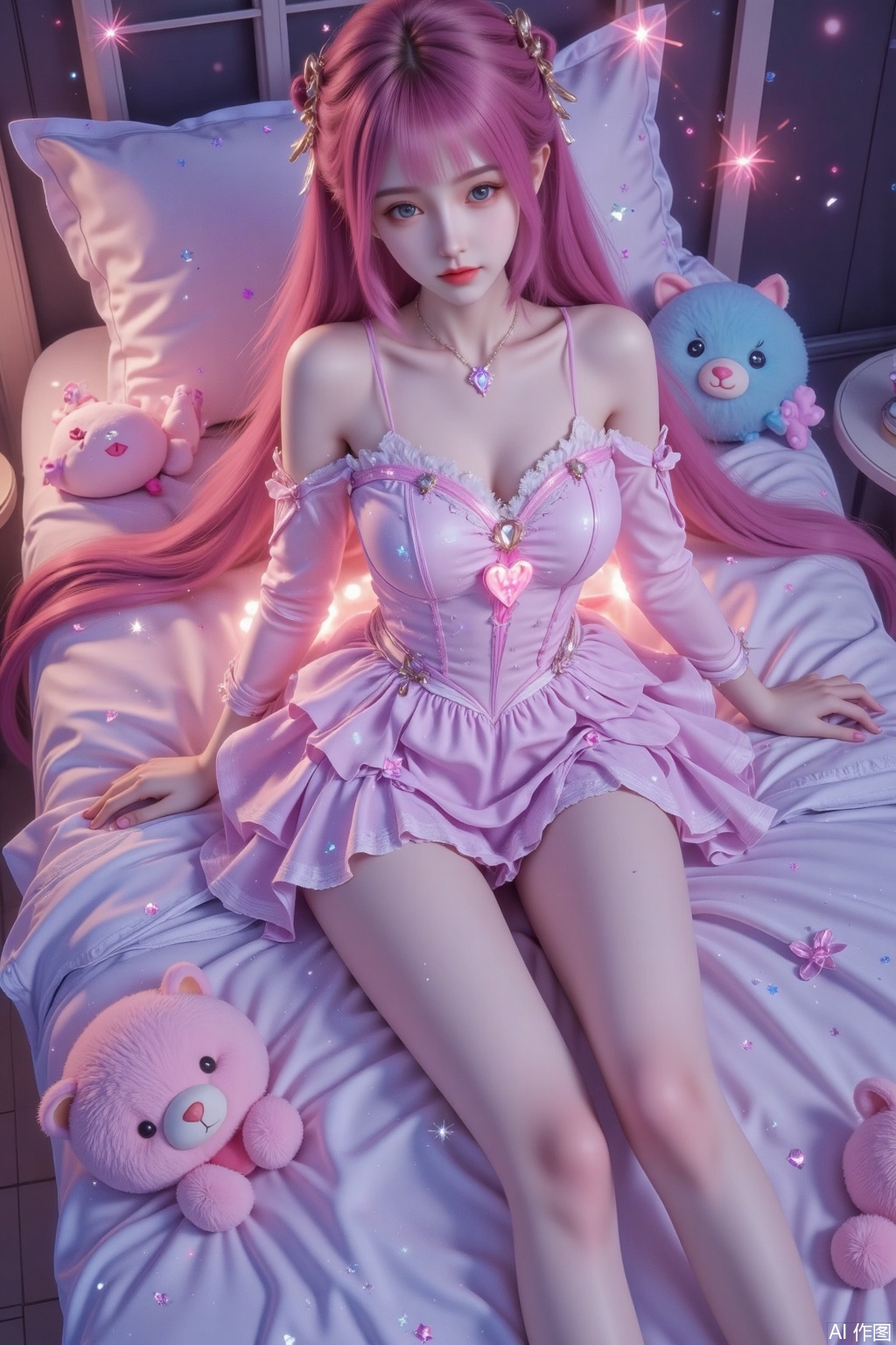 Masterpiece, best quality, high quality, (colorful), small chest, (pink hair: 1.4), (long legs: 1.3),((masterpiece)),(((best quality))),(ultra-detailed),(best illustration),(best illumination, best shadow),((an extremely delicate and beautiful)),masterpiece,best quality,high Realistic photo, 1girl, long hair, fair skin, glowing dress, long legs, high heels, full body, night, lying on cute bedroom, stuffed toy, top view,