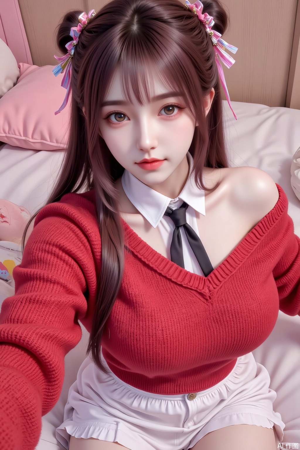 Masterpiece, the best quality, high quality, (colorful) , big breasts,,(pink hair:1.4),(long legs:1.3), 1girl,black hair,long hair,yellow eyes,large breasts,bow hairband,pink bow,hairclip,x hair ornament,red sweater,wool sweater,heavy sweater,fluffy sweater,closed sweater,white undershirt,white skirt,white collar,black ribbon tie,long skirt,full-length skirt,covered legs,multicolored ribbon,striped stockings,bedroom,focus on face,selfie,from above,