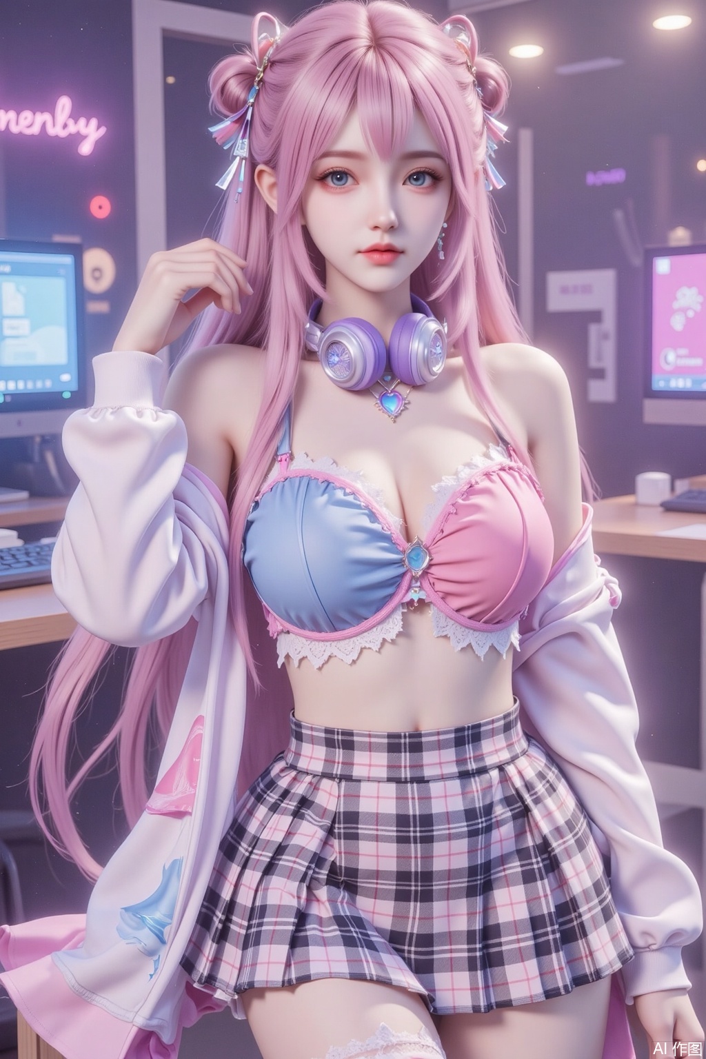 Masterpiece, top quality, high quality, (colorful), huge  chest, (pink hair: 1.4),1 girl, bangs, silver white hair, blue eyes, blushing, breathing, denim lens, gradient color, gradient background, hair between eyes, pocket plug, headphones, headphones around the neck, looking into the distance, office background, plaid skirt, pleated skirt, bikini, long socks