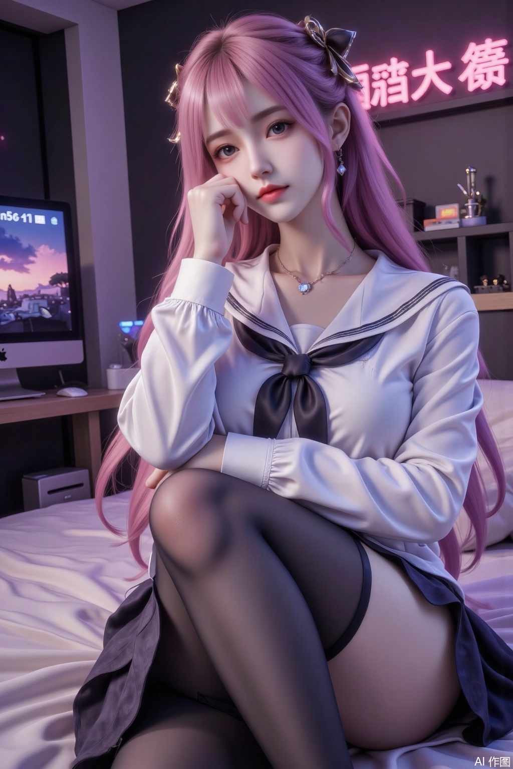 Masterpiece, best quality, high quality, (colorful), small chest, (pink hair: 1.4), (long legs: 1.3),((masterpiece)),(((best quality))),(ultra-detailed),(best illustration),(best illumination, best shadow),((an extremely delicate and beautiful)),dynamic angle,floating,(Short focal length)(Long object distance)(back depth of field), chowbie_jue,bangs,black_bow,black_pantyhose,black_skirt,blurry,blurry_background,bow,braid,brown_eyes,grey_hair, hair_between_eyes,hair_bow,hand_up,highres,legs, long_hair,long_sleeves,looking_at_viewer,original,black background,pantyhose, pleated_skirt,puffy_long_sleeves,puffy_sleeves,sailor_collar,shirt,skirt,solo,standing,white_sailor_collar,white_shirt, solo,messy room,loaded interior,bedroom,(((otaku room))),(computer) wide shot,(lying on back:1.3), Herb Ritts,cowboy shot,fisheye,jingliu,lace bra,