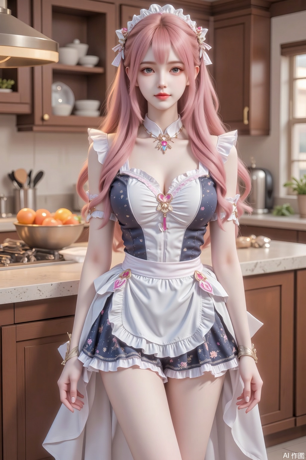 Masterpiece, the best quality, high quality,  huge breasts,,(pink hair:1.4),(long legs:1.3),（thin legs：1.4）,A girl in the kitchen. She was wearing a maid outfit, apron, headwear, ultra short skirt, vest skirt, Stand up front, long legs, cold white skin, shiny white legs, big wavy long hair, two tone hair, brown hair, golden hair, outlining her face. Whole body, dynamic posture.