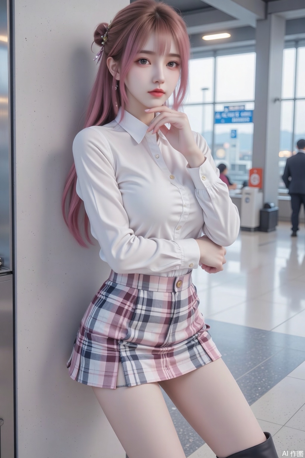 Masterpiece, top quality, high quality, (color), small chest, (pink hair: 1.4), (long legs: 1.4),An Asian woman with a sleek, shoulder-length brown hairstyle is captured in a half-body shot. Her outfit features a tight, plaid miniskirt that accentuates her toned thighs. She accessorizes with a pair of stylish platform boots, giving her a confident look. Leaning against a pillar with a hand on her chin and a look of annoyance, she looks directly at the viewer. The composition is shot from a diagonal angle, emphasizing her posture and the airport's modern design in the background.,xs
