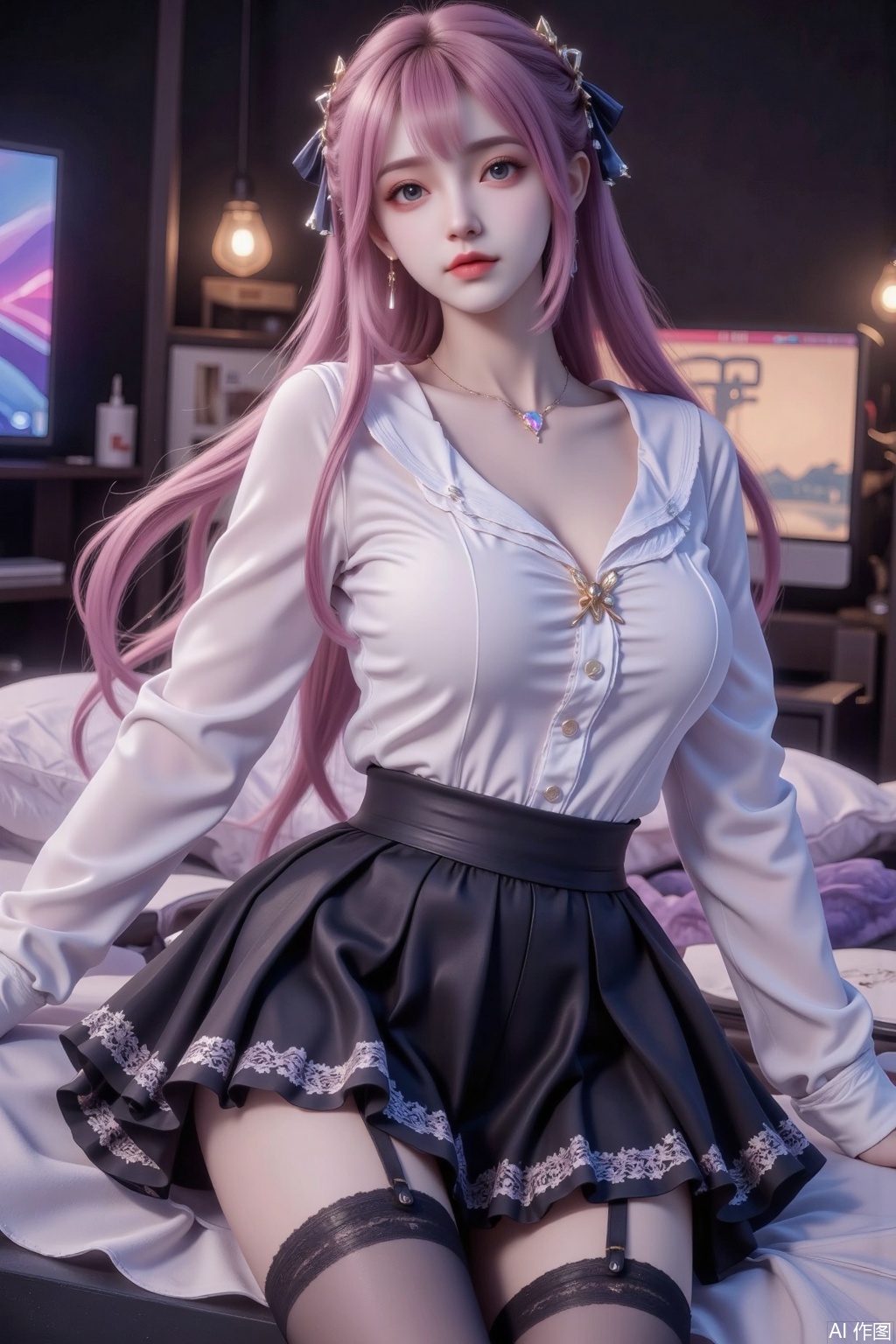 Masterpiece, best quality, high quality, (colorful), small chest, (pink hair: 1.4), (long legs: 1.3),((masterpiece)),(((best quality))),(ultra-detailed),(best illustration),(best illumination, best shadow),((an extremely delicate and beautiful)),dynamic angle,floating,(Short focal length)(Long object distance)(back depth of field), chowbie_jue,bangs,black_bow,black_pantyhose,black_skirt,blurry,blurry_background,bow,braid,brown_eyes,grey_hair, hair_between_eyes,hair_bow,hand_up,highres,legs, long_hair,long_sleeves,looking_at_viewer,original,black background,pantyhose, pleated_skirt,puffy_long_sleeves,puffy_sleeves,sailor_collar,shirt,skirt,solo,standing,white_sailor_collar,white_shirt, solo,messy room,loaded interior,bedroom,(((otaku room))),(computer) wide shot,(lying on back:1.3), Herb Ritts,cowboy shot,fisheye,jingliu,lace bra,