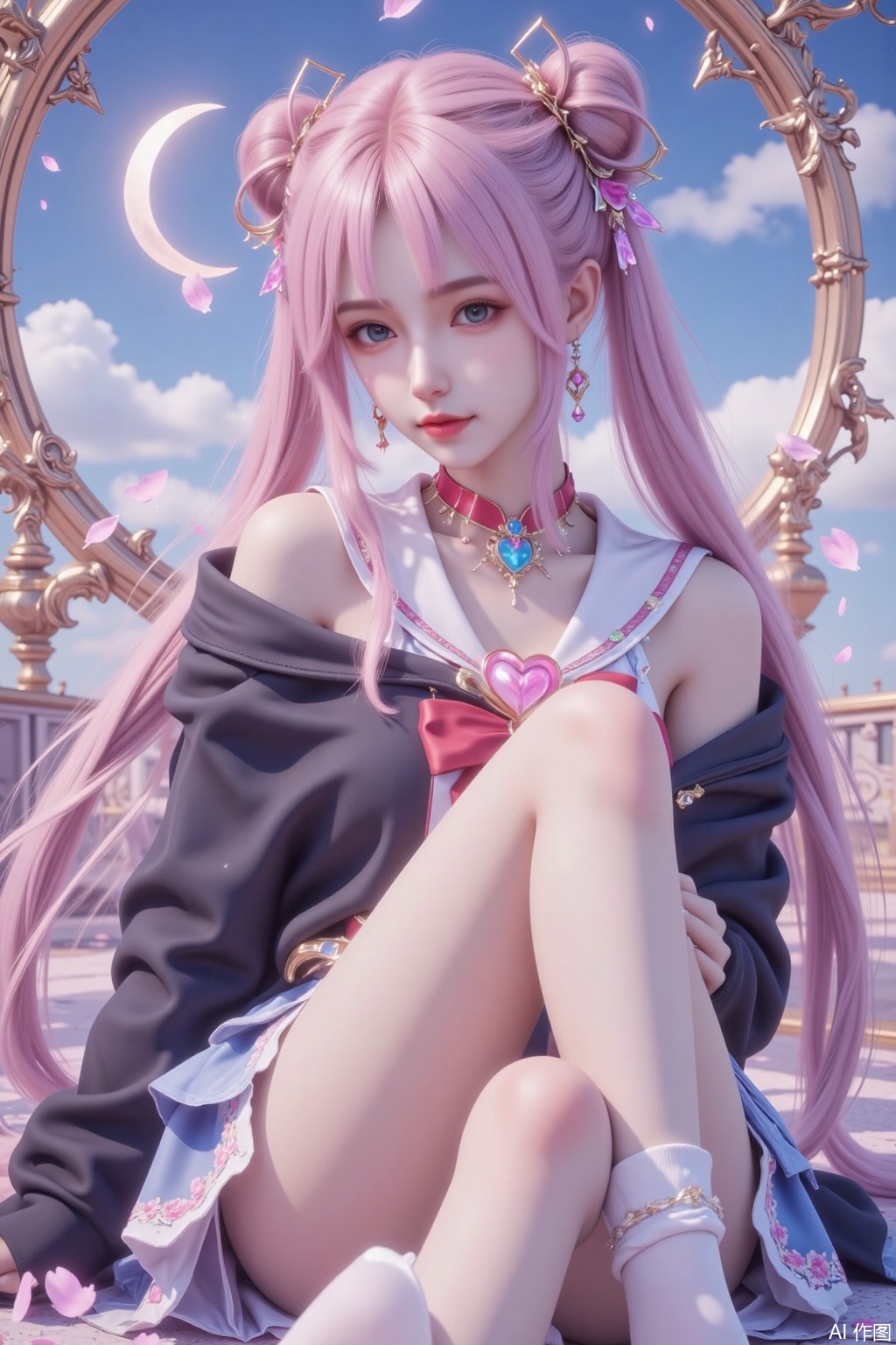 Masterpiece, best quality, high quality, (colorful), (huge chest:1.5), (pink hair: 1.4), (long legs： 1.3), masterpiece, best quality, high quality, (colorful), (white hair: 1.4), (thin legs: 1.3), Masterpiece, best quality, high quality, (colorful), small chest, (white hair: 1.4), (long legs: 1.3), white socks, black hoodie, loose socks,sitting,1girl,  blue_sailor_collar, blue_skirt, bow,  crescent, double_bun, earrings,, hair_ornament, heart, heart_choker, jewelry, long_hair, parted_bangs, petals, red_bow, red_bowtie, red_choker, sailor_collar, sailor_moon, sailor_senshi_uniform,  skirt, sky, smile, solo, tsukino_usagi, twintails,sitting,
