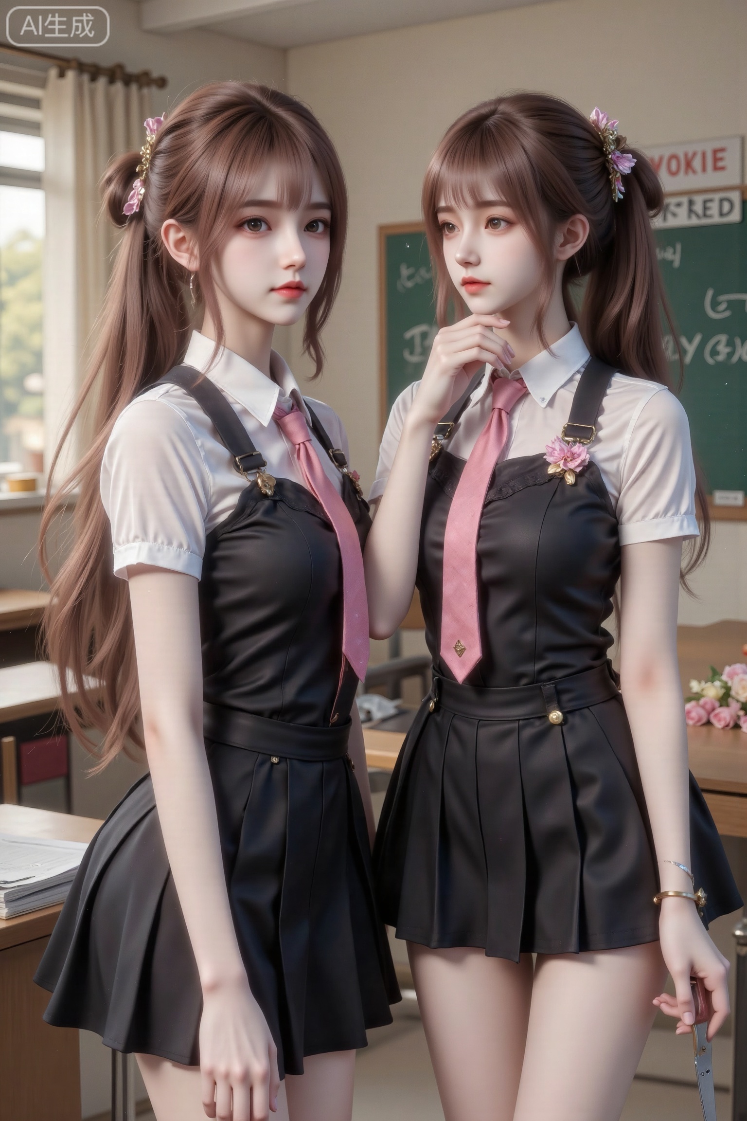 long hair, blush, bangs, multiple girls, skirt, brown hair, shirt, black hair, dress, holding, 2girls, brown eyes, closed mouth, school uniform, standing, white shirt, ponytail, flower, short sleeves, parted lips, necktie, collared shirt, indoors, yuri, looking at another, black dress, from side, book, blood, profile, table, knife, eye contact, desk, bouquet, paper, classroom, pinafore dress, holding knife, pleated dress, blood on clothes, chalkboard, blood splatter, hand on another's chin,masterpiece,best quality,high quality,overexposure,chromatic_aberration,light,fair_skin, very aesthetic,absurdres, masterpiece, amazing quality,(aestivation:0.4),(nasii:0.4),(toosaka asagi:0.4),(atdan:0.4),(artist:quasarcake:0.8),(iumu:0.72),(wlop:0.72),96YOTTEA,Konya Karasue, //, depth of field,detailed light,blurry background,best shadow,cinematic lighting,ray tracing, amazing quality, very aesthetic, absurdres, best quality, ultra detailed, newest,8K,HDR