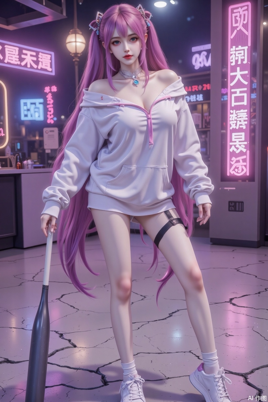 masterpiece, best quality, high quality, extremely detailed, huge breasts,,(pink hair:1.4),(very long legs:1.3),masterpiece, very awa, amazing quality, best quality, newest, highres, very aesthetic, absurdres
1girl, solo,
long hair, multicolored hair, black hair, orange hair, orange eyes, open mouth, fangs, extra large hoodie, hood down, bare legs, thigh strap, o-ring choker, sneakers, black eyeshadow, black lips,
looking at viewer, standing, (head tilt), holding, holding grey metal baseball bat, dragging the grey metal baseball bat on the ground,
fisheye, （from above：1.5）, close up, full body, focus face, 8k, depth of field, glitch, (chromatic aberration), cracking floor,
abstract, surreal,  , small breasts,,(purple hair:1.4),(very long legs:1.3),masterpiece, very awa, amazing quality, best quality, newest, highres, very aesthetic, absurdres
1girl, solo,
long hair, multicolored hair, black hair, orange hair, orange eyes, open mouth, fangs, extra large hoodie, hood down, bare legs, thigh strap, o-ring choker, sneakers, black eyeshadow, black lips,
looking at viewer, standing, (head tilt), holding, holding grey metal baseball bat, dragging the grey metal baseball bat on the ground,
fisheye, （from above：1.5）, close up, full body, focus face, 8k, depth of field, glitch, (chromatic aberration), cracking floor,
abstract, surreal, 