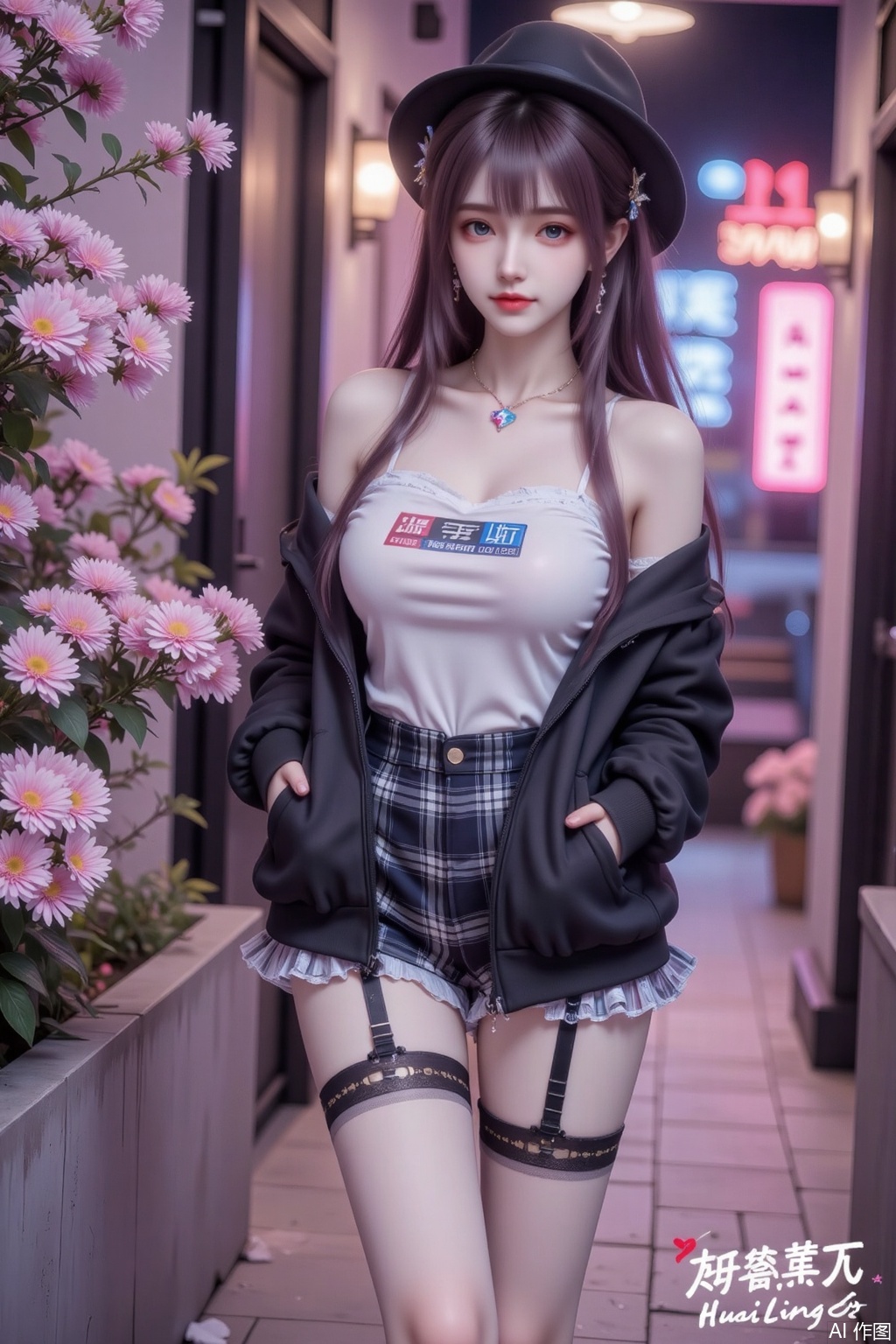 Masterpiece, the best quality, high quality,  huge breasts,,(black hair:1.4),(long legs:1.3),（thin legs：1.4）,The word "HuoLingEr" is written in a casual,handwritten style in white at the bottom right corner of the image,ASIC0601CYQL,ASIC0601CYQL,ASIC0601CYQL,masterpiece,best quality,very aesthetic,1girl,extremely delicate and beautiful,Noise and grain,huge filesize,amazing quality,foreshortening,stylish_black,messy hair,long hair,sexy,medium hair,streaked hair,Incredibly meticulous,Clear structured argyle_legwear,Clear structured leg garter,Neat modern urban wall,open jacket,idol,stylish_pose,black hair,Bright color vibe,gothic,frilled_shirt,Ultra short skirt with black checkered pattern,Black cotton hat,hand_in_pocket,hoop_earrings,star_hair_ornament,from_above,cinematic_angle,looking_at_viewer,short eyebrows,expressive_clothes,shirt_tucked_in,off-shoulder_shirt,gyaru,gamepad_print,white top,Happy mood,ruddy skin,open_eyes,stars in the eyes,flower,corridor,sunshine,wind,