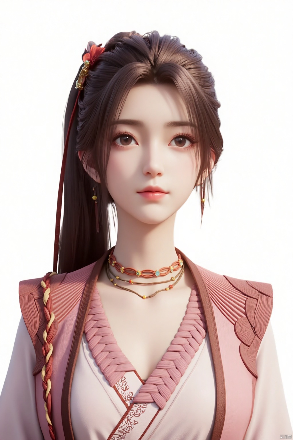  (masterpiece, best quality:1.4),1girl, solo, long hair, simple background, brown hair, hair ornament, white background, jewelry, upper body, ponytail, necklace, bracelet, realistic,pink white clothes,XiaoHuan