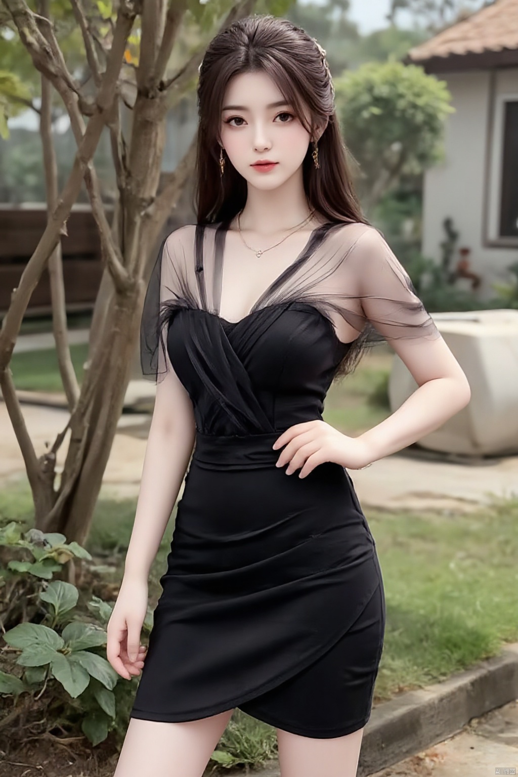  (masterpiece, best quality:1.4),finely detailed,1girl, solo, long hair,black hair,braid,brown eyes, looking at viewer,  hair ornament,braids,(Perspective off shoulder dress:1.3),black dress,big breasts, standing, hand on hip,outdoor,flowers ,plant,large natural breast,soft breasts,XiaoHuan