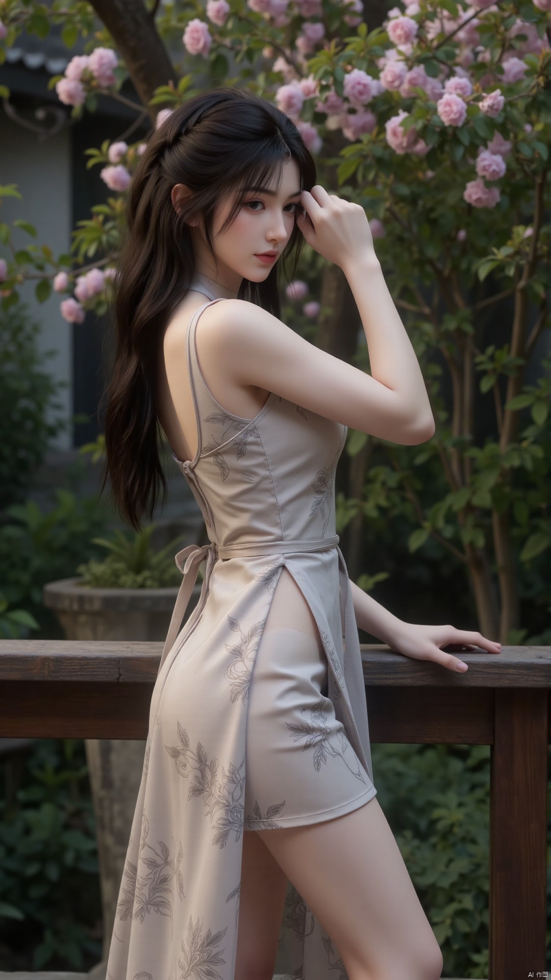 A portrait of an Asian woman with long, flowing black hair, wearing a traditional cheongsam (Chinese dress) in a subtle floral print. She's standing gracefully in a traditional Chinese garden, surrounded by lush greenery and blooming flowers. The overall mood is serene and peaceful, emphasizing the grace and elegance of the traditional attire. High resolution, 8k, soft lighting, hyperrealistic, photorealistic, detailed textures, elegant pose, serene expression, traditional cheongsam, natural beauty, trending on artstation.