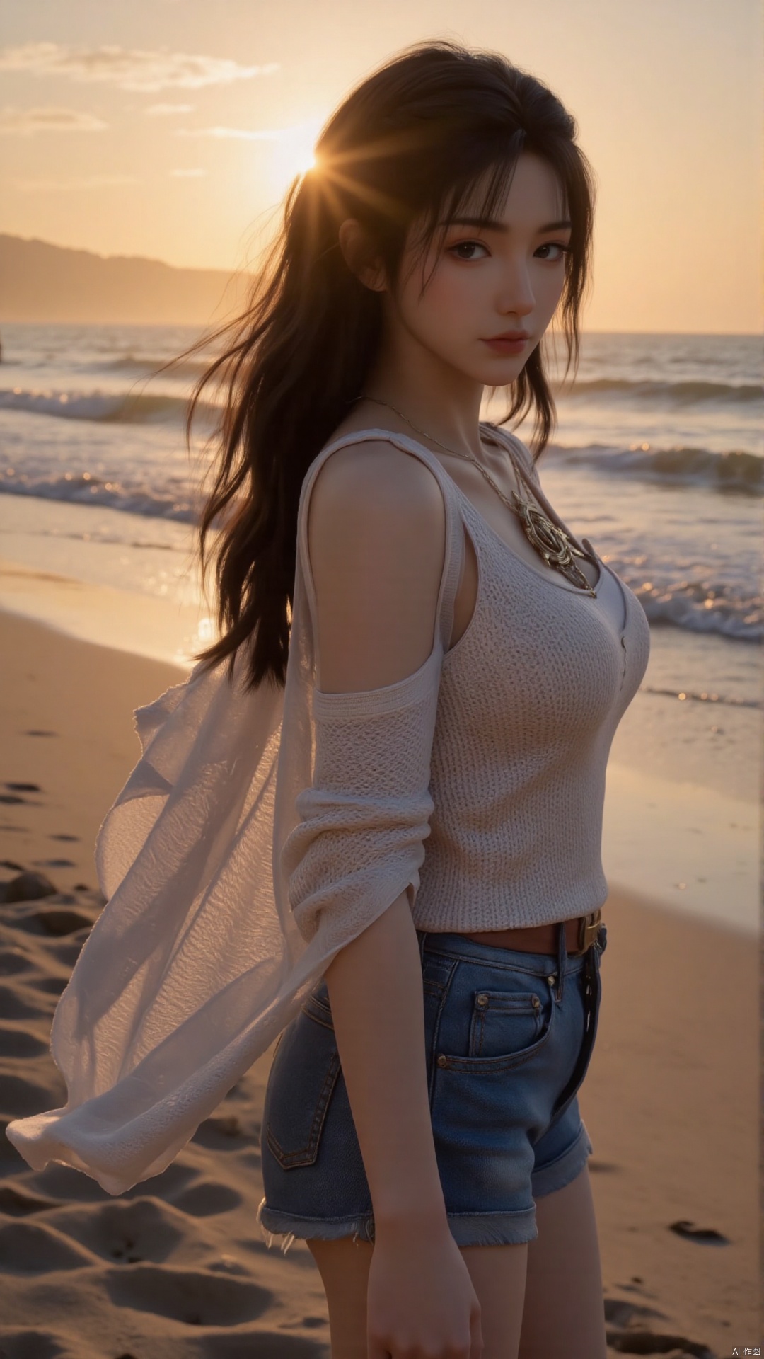 A sun-drenched beach photoshoot featuring a model with long, flowing, wavy black hair, wearing a luxurious, oversized knit sweater and high-waisted denim shorts, strolling along the beach at sunset. The setting is a secluded beach with soft sand, clear water, and a stunning sunset. High resolution, 8k, golden hour lighting, hyperrealistic, photorealistic, detailed textures, shallow depth of field, lifestyle photography, advertisement photography, beach fashion, relaxed luxury, trending on artstation.