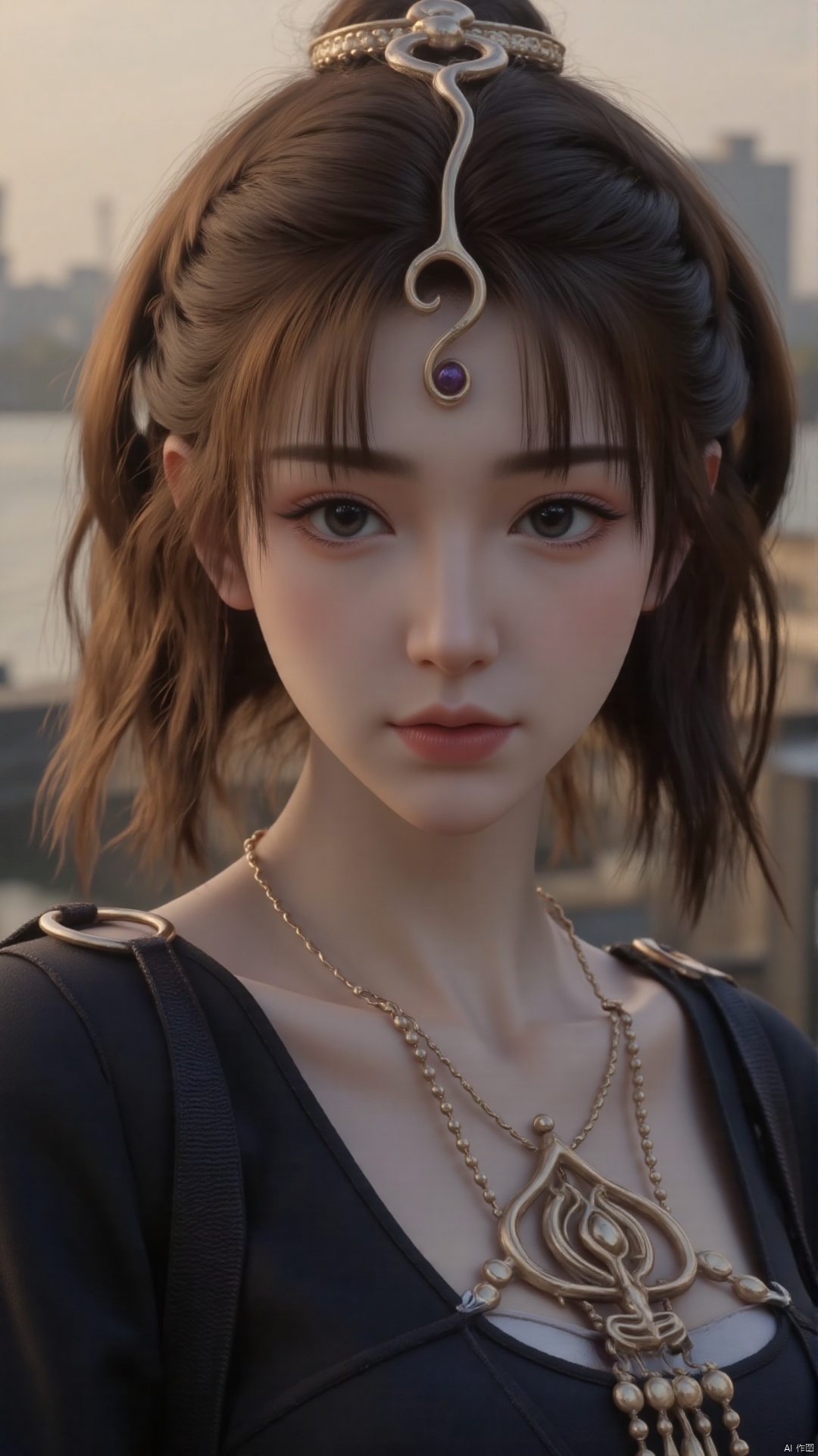  a asian woman,18-year-old pure girl with double ponytails, distant close-up, golden ratio, movie texture, minimalism, high-end feeling, strong contrast between cold and warm, outdoor scenes, 