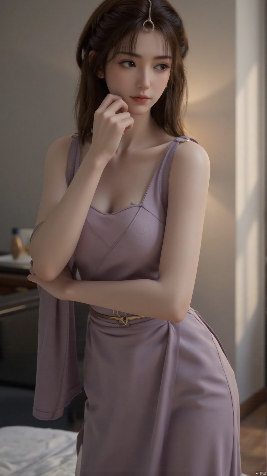 An elegant indoor advertising photograph showcasing a model with long, flowing brown hair and a graceful posture, wearing a simple yet elegant slip dress. Her pose is effortlessly chic and sophisticated, conveying timeless elegance. The setting is a minimalist bedroom with soft, diffused lighting and neutral colors. The overall mood is refined and timeless, emphasizing the classic beauty and versatility of the dress. High resolution, 8k, soft lighting, hyperrealistic, photorealistic, detailed textures, shallow depth of field, glamour photography, editorial photography, advertisement photography, trending on artstation.