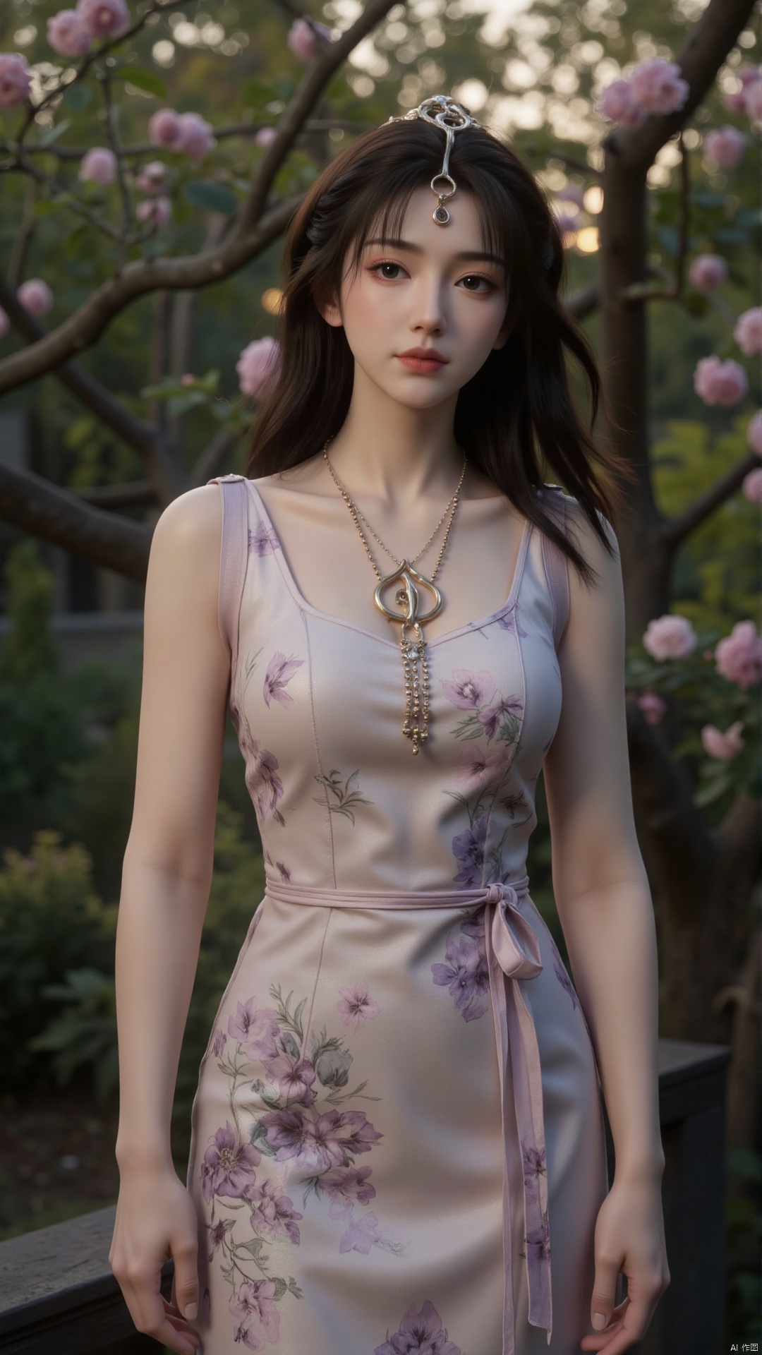 A portrait of an Asian woman with long, flowing black hair, wearing a traditional cheongsam (Chinese dress) in a subtle floral print. She's standing gracefully in a traditional Chinese garden, surrounded by lush greenery and blooming flowers. The overall mood is serene and peaceful, emphasizing the grace and elegance of the traditional attire. High resolution, 8k, soft lighting, hyperrealistic, photorealistic, detailed textures, elegant pose, serene expression, traditional cheongsam, natural beauty, trending on artstation.
