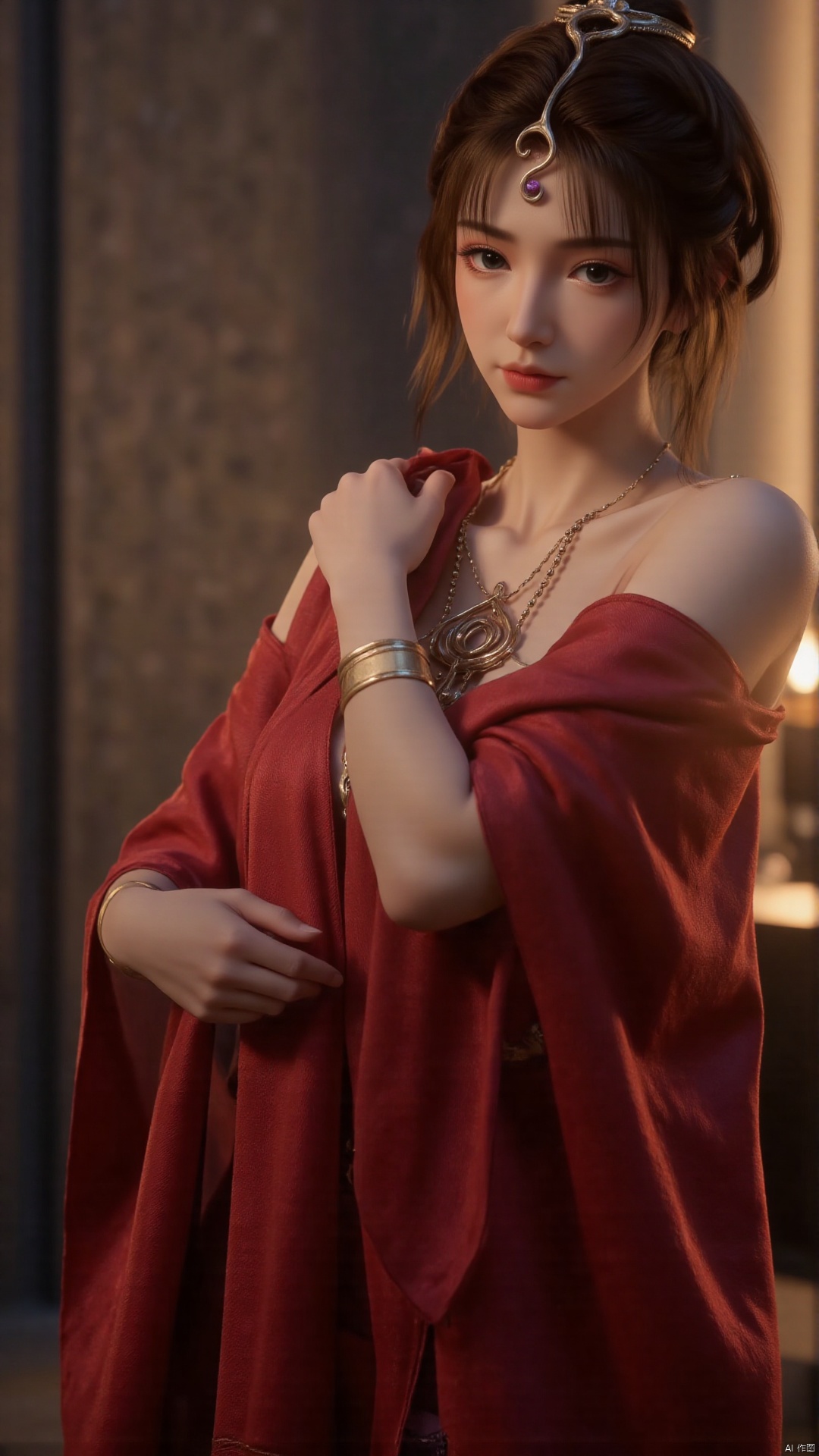 A stunning 18-year-old Chinese woman wraps herself in a vibrant red scarf, posing seductively against a sleek, modern backdrop. Soft, golden lighting accentuates her porcelain complexion and luscious locks. The camera captures the dramatic play of shadows on her features as she confidently flaunts her curves.