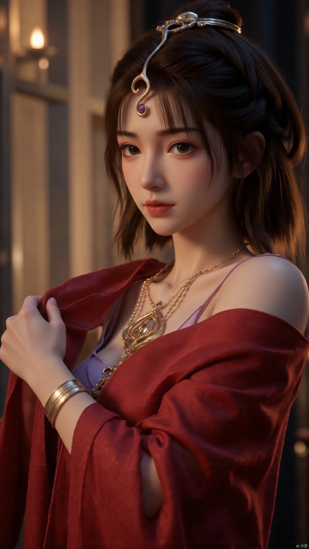 A stunning 18-year-old Chinese woman wraps herself in a vibrant red scarf, posing seductively against a sleek, modern backdrop. Soft, golden lighting accentuates her porcelain complexion and luscious locks. The camera captures the dramatic play of shadows on her features as she confidently flaunts her curves.