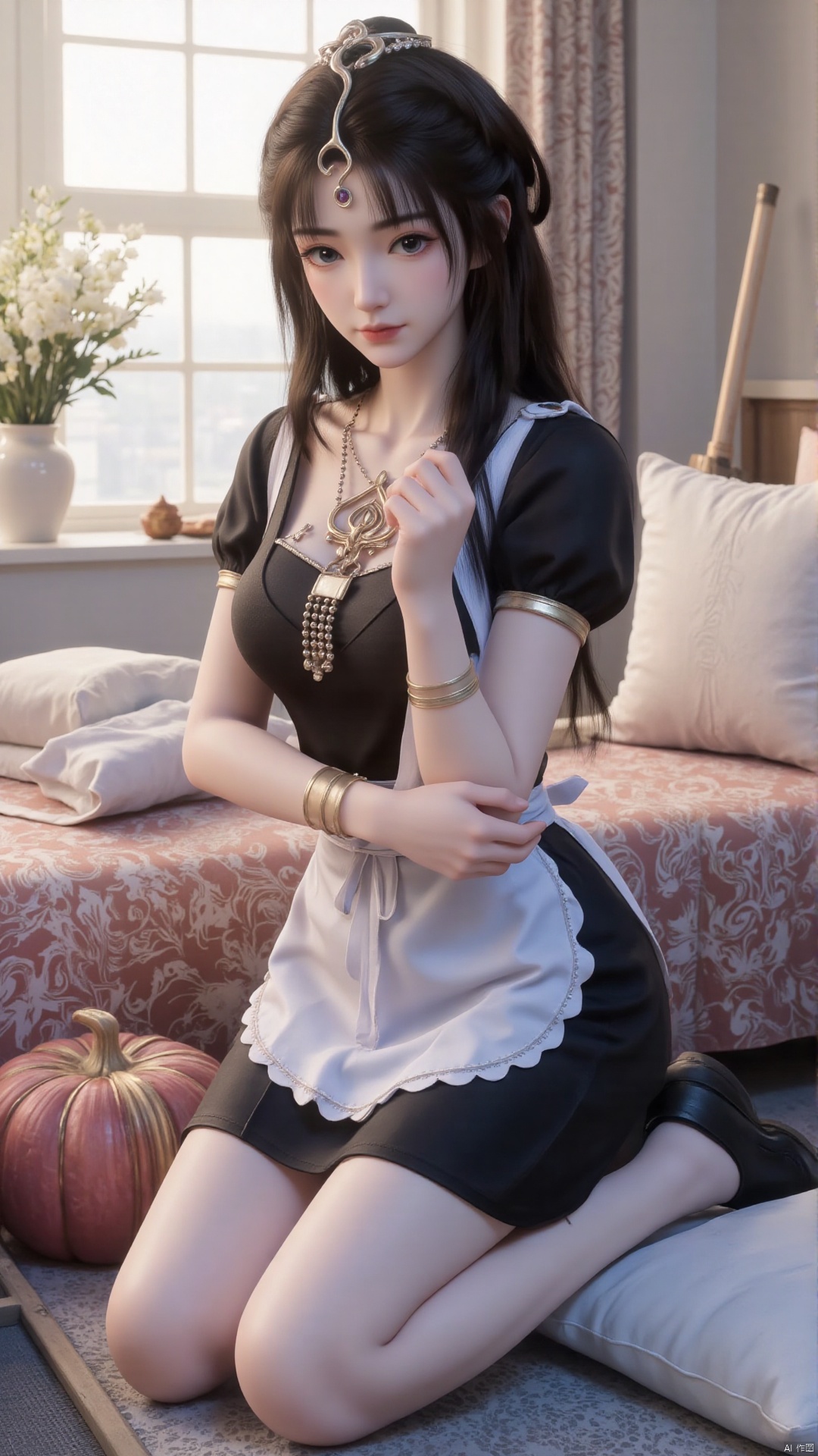 {{artist:pottsness}},[[artist:onineko]][[artist:as109]],artist:ciloranko,artist:john kafka,artist:wanke,artist:betabeet,artist:quasarcake,(artist:alphonse \(white datura\):0.3),(artist:fkey:0.1),(artist:konya karasue:0.2),(artist:dino \(dinoartforame\):0.8),(wlop:0.7),1girl, solo, long hair, looking at viewer, smile, bangs, blue eyes, black hair, dress, holding, sitting, very long hair, closed mouth, flower, short sleeves, pantyhose, frills, shoes, alternate costume, puffy sleeves, indoors, black footwear, apron, black dress, puffy short sleeves, pillow, maid, maid headdress, halo, white apron, maid apron, broom, white pantyhose, frilled apron, enmaided, vase, mop, aris \(blue archive\)