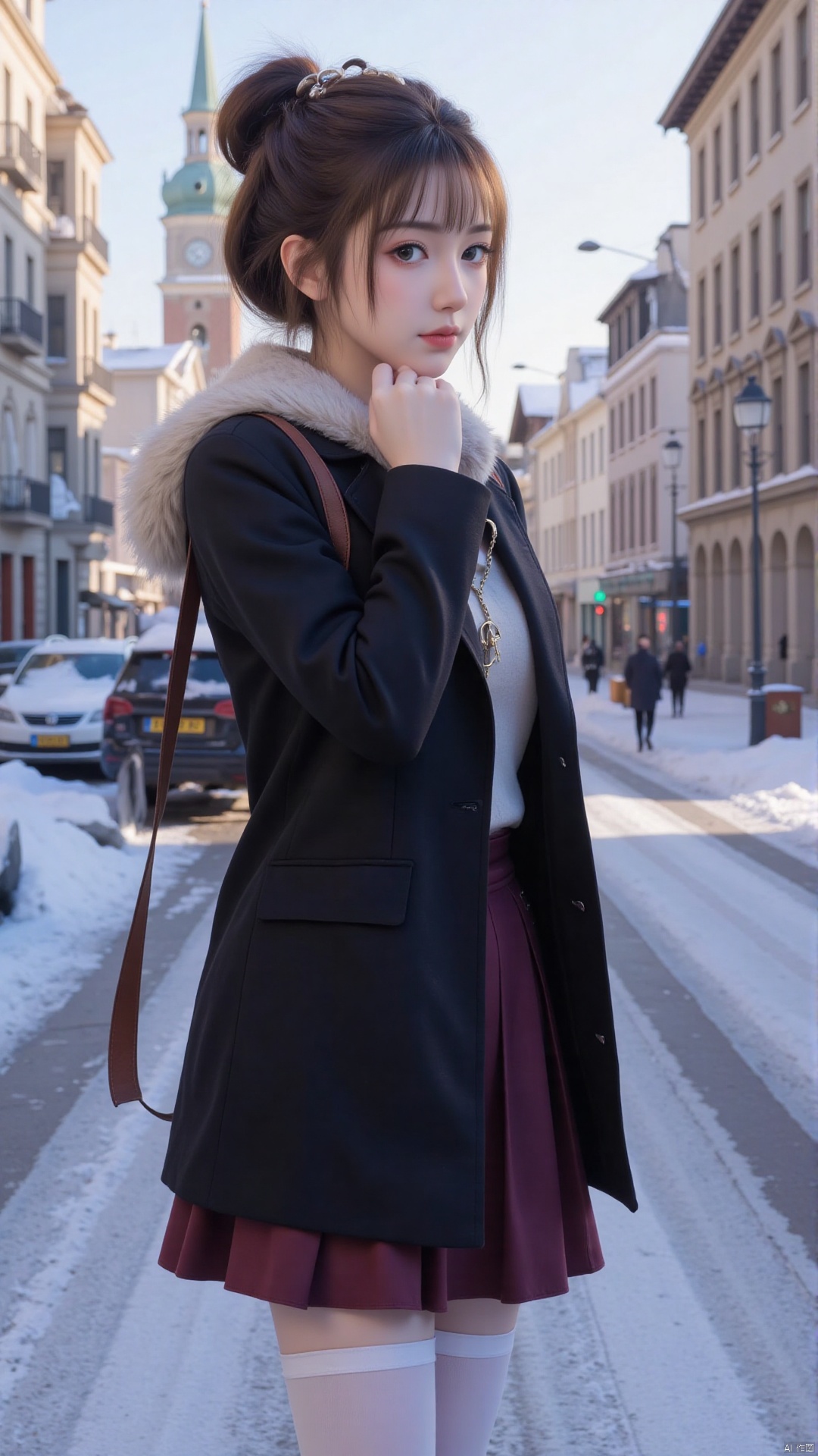 masterpiece,best quality,high quality,(colorful),1girl, solo, looking at viewer, (white_pantyhose:1.4), updo, blunt_bangs, hairpin, winter_coat, black_coat, miniskirt, dark_red_skirt, pleated skirt, standing, town, snow, winter