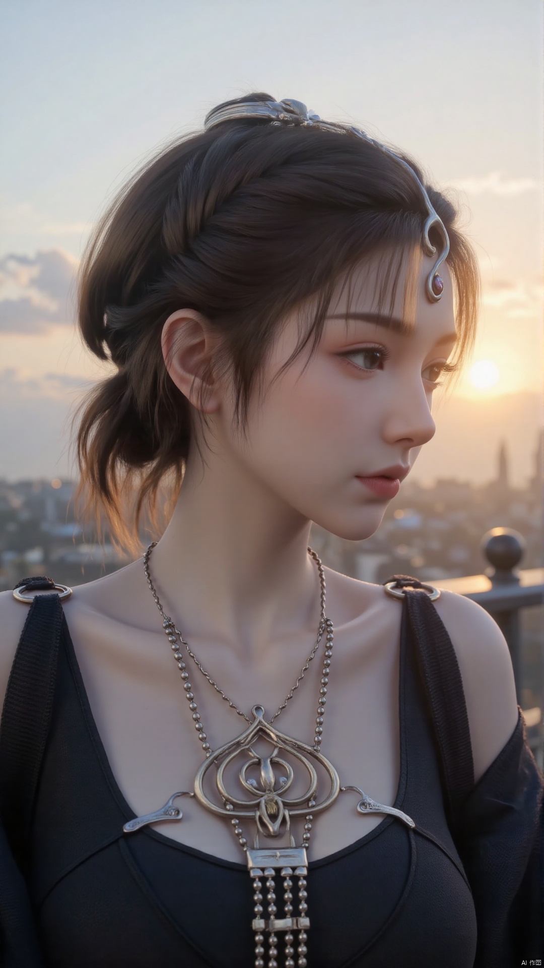  a asian woman,18-year-old pure girl with double ponytails, distant close-up, golden ratio, movie texture, minimalism, high-end feeling, strong contrast between cold and warm, outdoor scenes, 