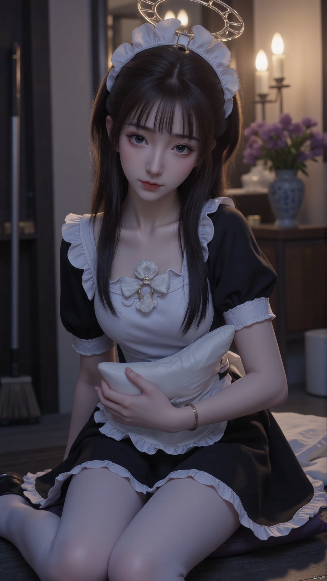 {{artist:pottsness}},[[artist:onineko]][[artist:as109]],artist:ciloranko,artist:john kafka,artist:wanke,artist:betabeet,artist:quasarcake,(artist:alphonse \(white datura\):0.3),(artist:fkey:0.1),(artist:konya karasue:0.2),(artist:dino \(dinoartforame\):0.8),(wlop:0.7),1girl, solo, long hair, looking at viewer, smile, bangs, blue eyes, black hair, dress, holding, sitting, very long hair, closed mouth, flower, short sleeves, pantyhose, frills, shoes, alternate costume, puffy sleeves, indoors, black footwear, apron, black dress, puffy short sleeves, pillow, maid, maid headdress, halo, white apron, maid apron, broom, white pantyhose, frilled apron, enmaided, vase, mop, aris \(blue archive\)