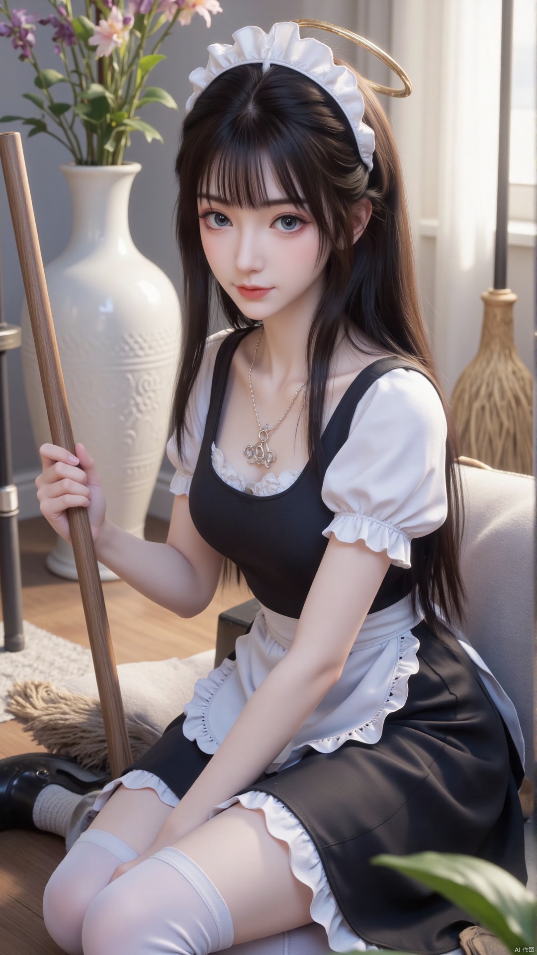 {{artist:pottsness}},[[artist:onineko]][[artist:as109]],artist:ciloranko,artist:john kafka,artist:wanke,artist:betabeet,artist:quasarcake,(artist:alphonse \(white datura\):0.3),(artist:fkey:0.1),(artist:konya karasue:0.2),(artist:dino \(dinoartforame\):0.8),(wlop:0.7),1girl, solo, long hair, looking at viewer, smile, bangs, blue eyes, black hair, dress, holding, sitting, very long hair, closed mouth, flower, short sleeves, pantyhose, frills, shoes, alternate costume, puffy sleeves, indoors, black footwear, apron, black dress, puffy short sleeves, pillow, maid, maid headdress, halo, white apron, maid apron, broom, white pantyhose, frilled apron, enmaided, vase, mop, aris \(blue archive\)