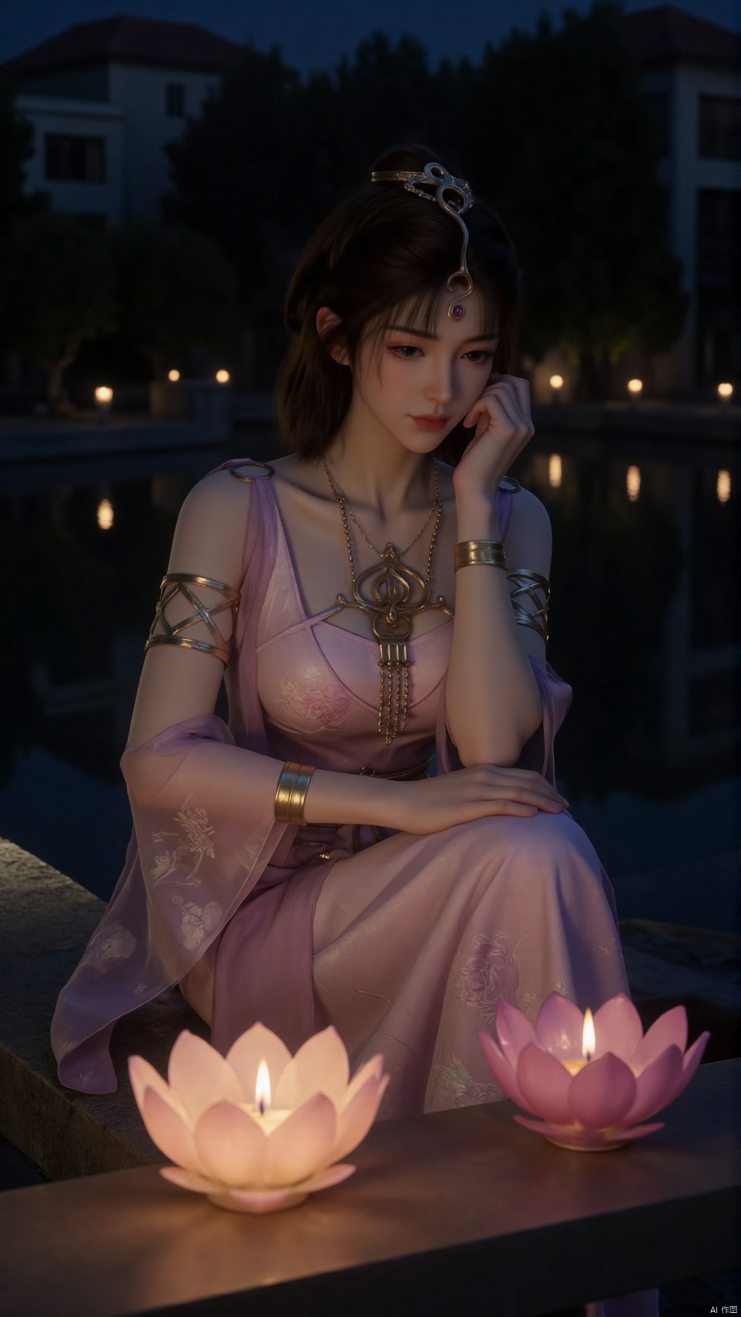 The image shows a young woman dressed in traditional Chinese clothing, sitting on the edge of a pond at night. She is wearing a white and pink kimono with intricate floral embroidery and a long, flowing skirt. Her hair is styled in two high ponytails with gold hair clips and earrings. The woman is resting her head on her hands and appears to be deep in thought. In front of her, there are two lit candles in the shape of lotus flowers. The pond is surrounded by trees and buildings, and the water is reflecting the lights from the candles. The overall mood of the image is peaceful and serene.