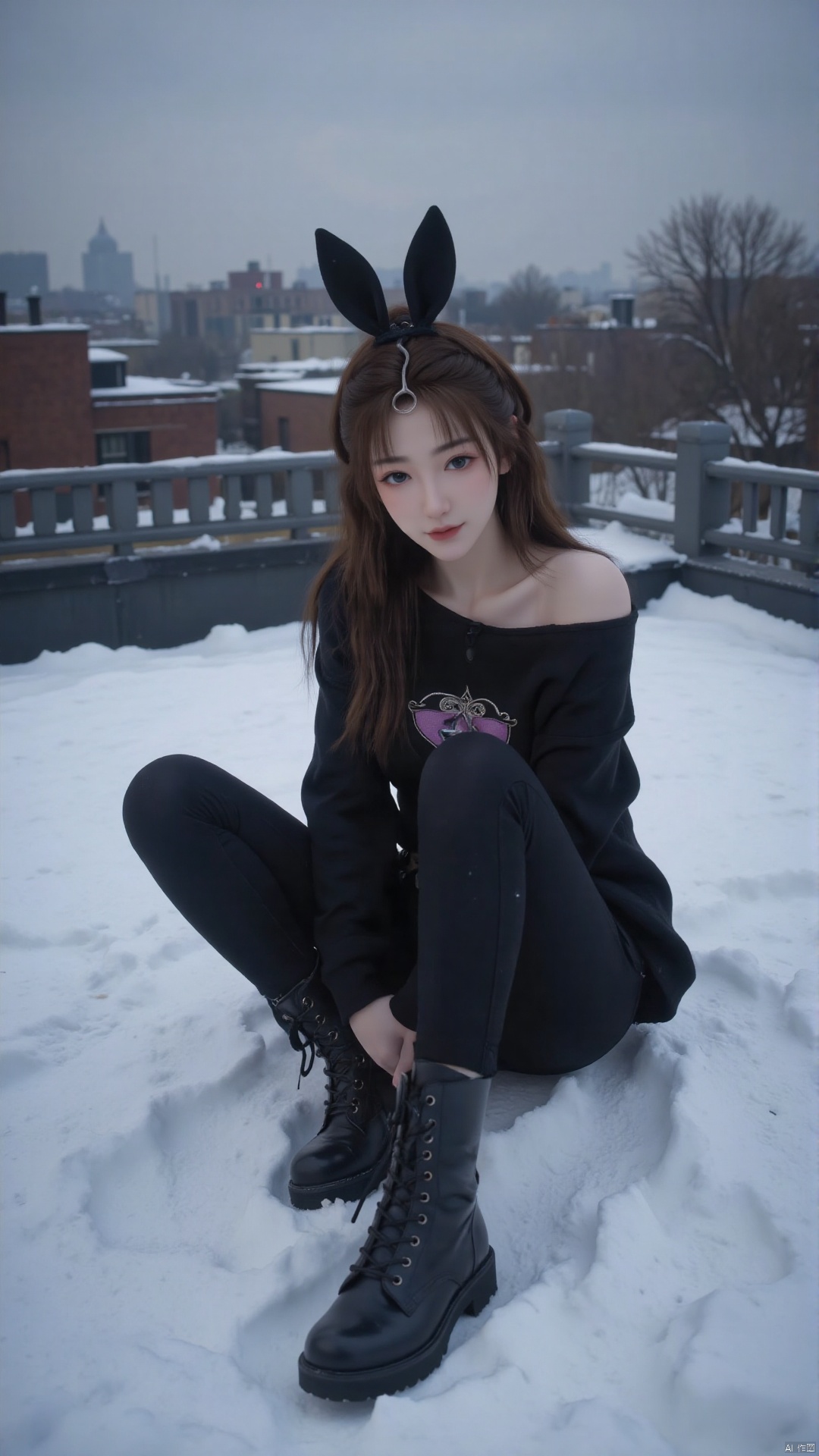 Realistic photo, 1girl, long flowing hair, fair skin, big breasts, bare shoulder,
Wearing a black bunny ear headband, a hooded sweatshirt, black leggings and high snow boots, she sat on a snow-covered roof. She is smiling, sitting relaxedly, and her eyes are natural. The rooftops are dotted with gray railings and buildings, and the sky is overcast with gray tones. The ground is covered with deep snow and the light is soft, creating a calm, tranquil atmosphere. The overall tone of the picture is dark, but the color saturation is moderate, and it has a slight retro film filter effect. The details of the clothing are exquisite, from the smooth tailoring of bunny ear headbands and hooded sweatshirts to the delicate texture of high-top snow boots. The composition is simple, the subject is prominent, and the background and foreground are in sharp contrast. The overall style is light, fashionable and has a bit of winter casual atmosphere.