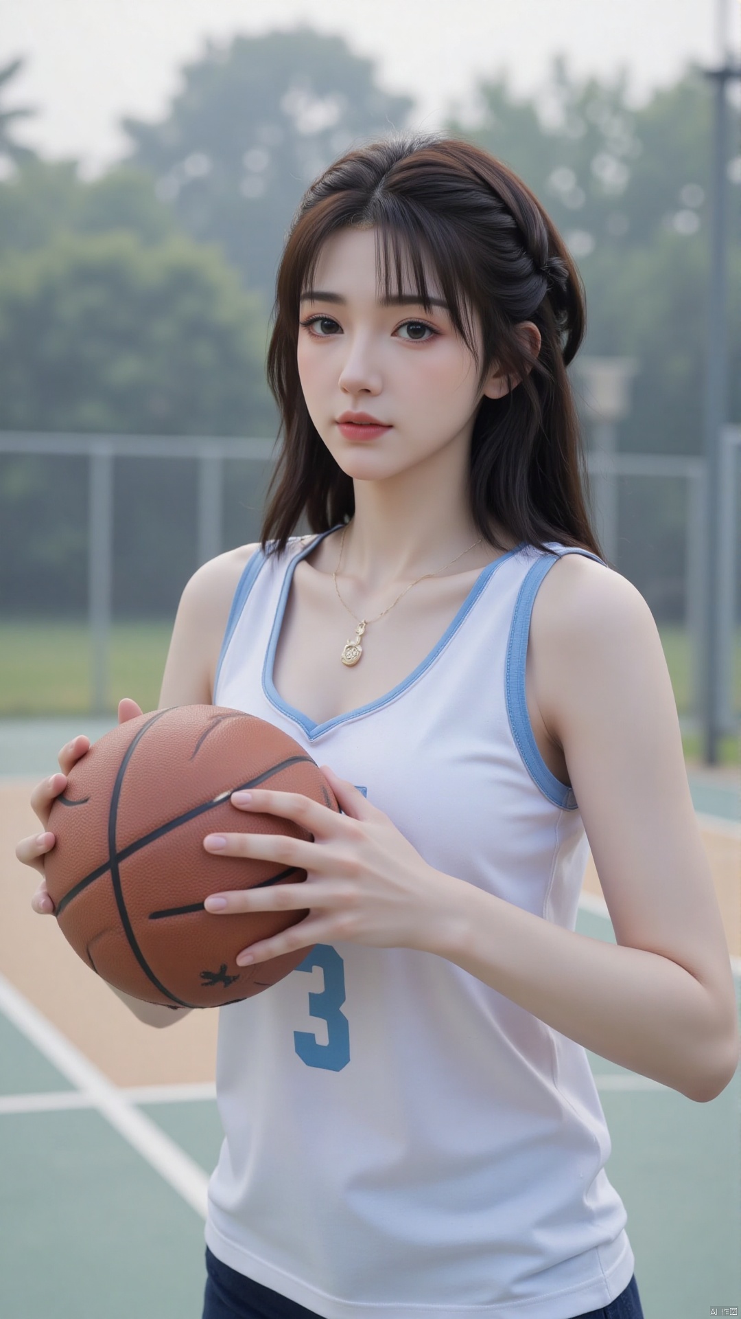 Character: a young Chinese woman playing basketball, white blue sport suit, Gazing at the camera with a soft, serene expression, long black hair, smile, yunyun
Environment: basketball court. 
Atmosphere: peaceful and serene. 
Quality: masterpiece, high quality, fine details, natural lighting, soft light diffused by mist. best quality,masterpiece