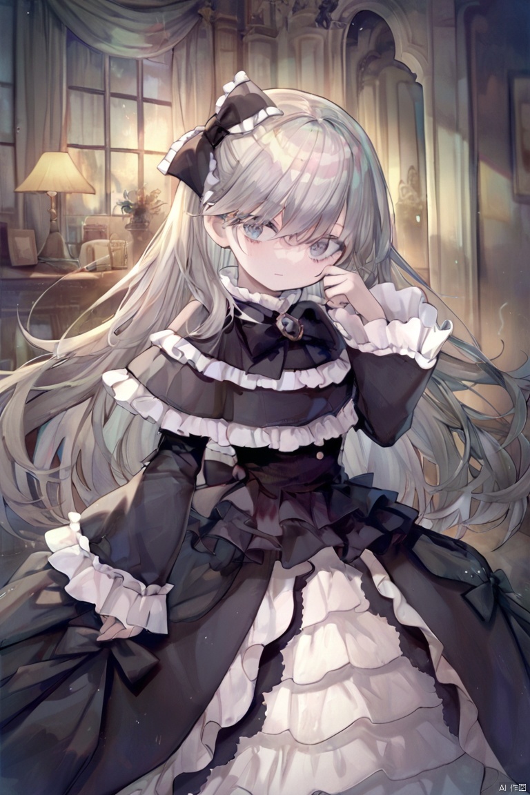 score_9,score_8,score_7, Ghost Belle & Haunted Mansion \(ygo\), 1girl, solo, long hair, looking at viewer, bangs, hair bow, gothic lolita,