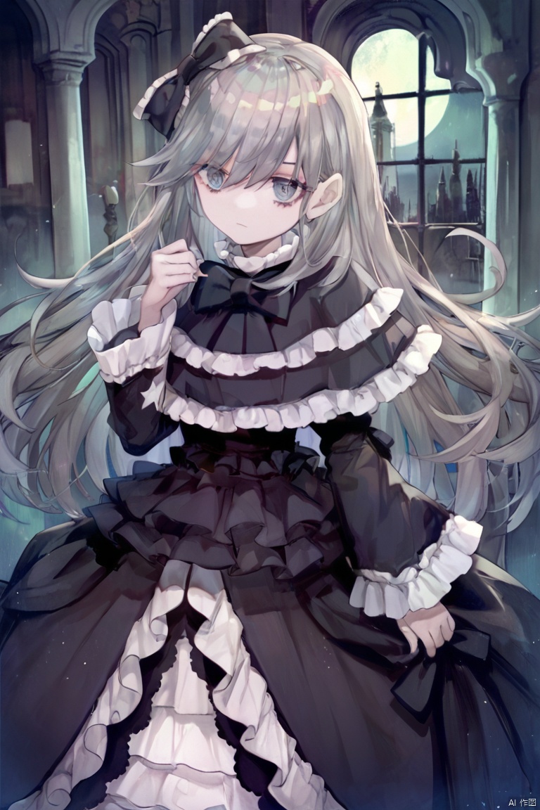 score_9,score_8,score_7, Ghost Belle & Haunted Mansion \(ygo\), 1girl, solo, long hair, looking at viewer, bangs, gothic lolita, threaten, frighten,