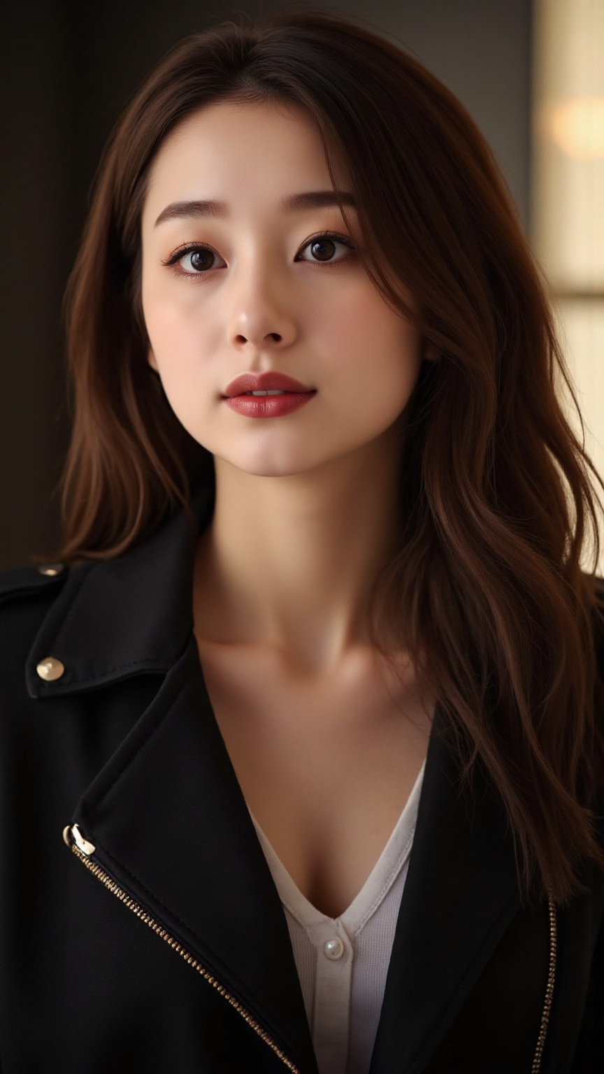 Create a vibrant scene featuring a young Asian woman with bright peachy lips and a faint smile on her face,  wearing a tre...