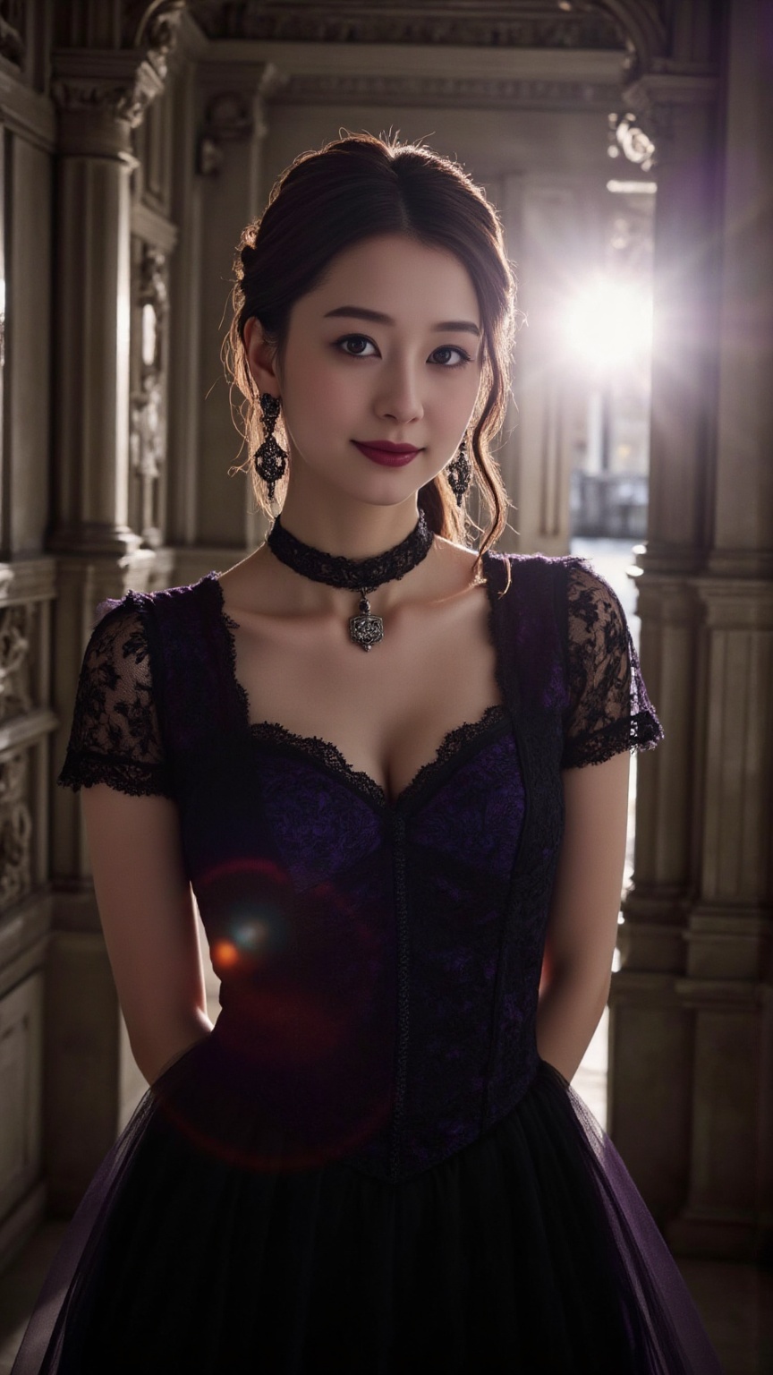 Create a detailed eye-level image of a young Asian woman with sexy bright pink lips and a charming smile on her face,  set...