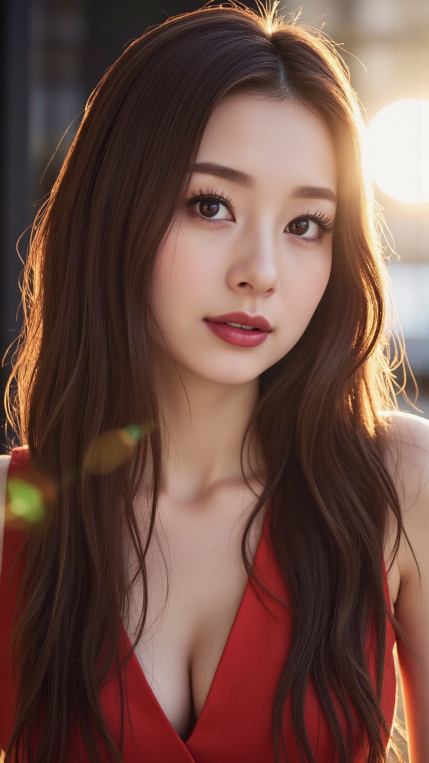 Create a captivating image of a young Asian woman with long,  silky,  straight hair and double eyelids. Her long on Tensor...