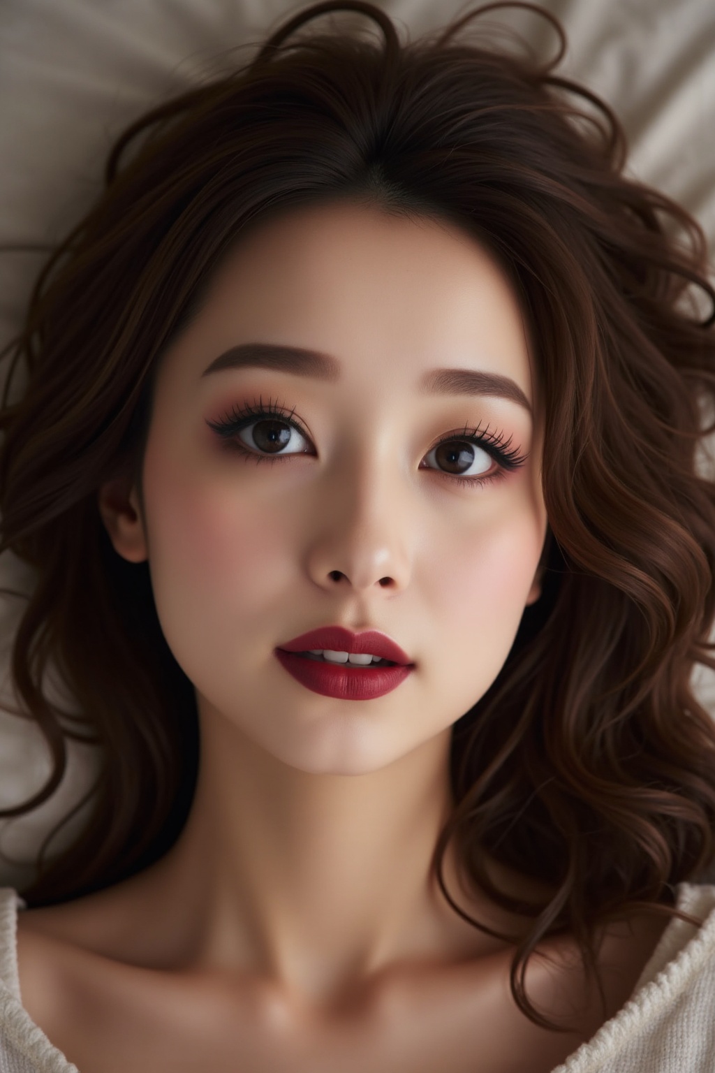 A close-up shot of a young Asian woman,  her alluring makeup highlighted with meticulous mascara,  vibrant eyeshadow on Te...