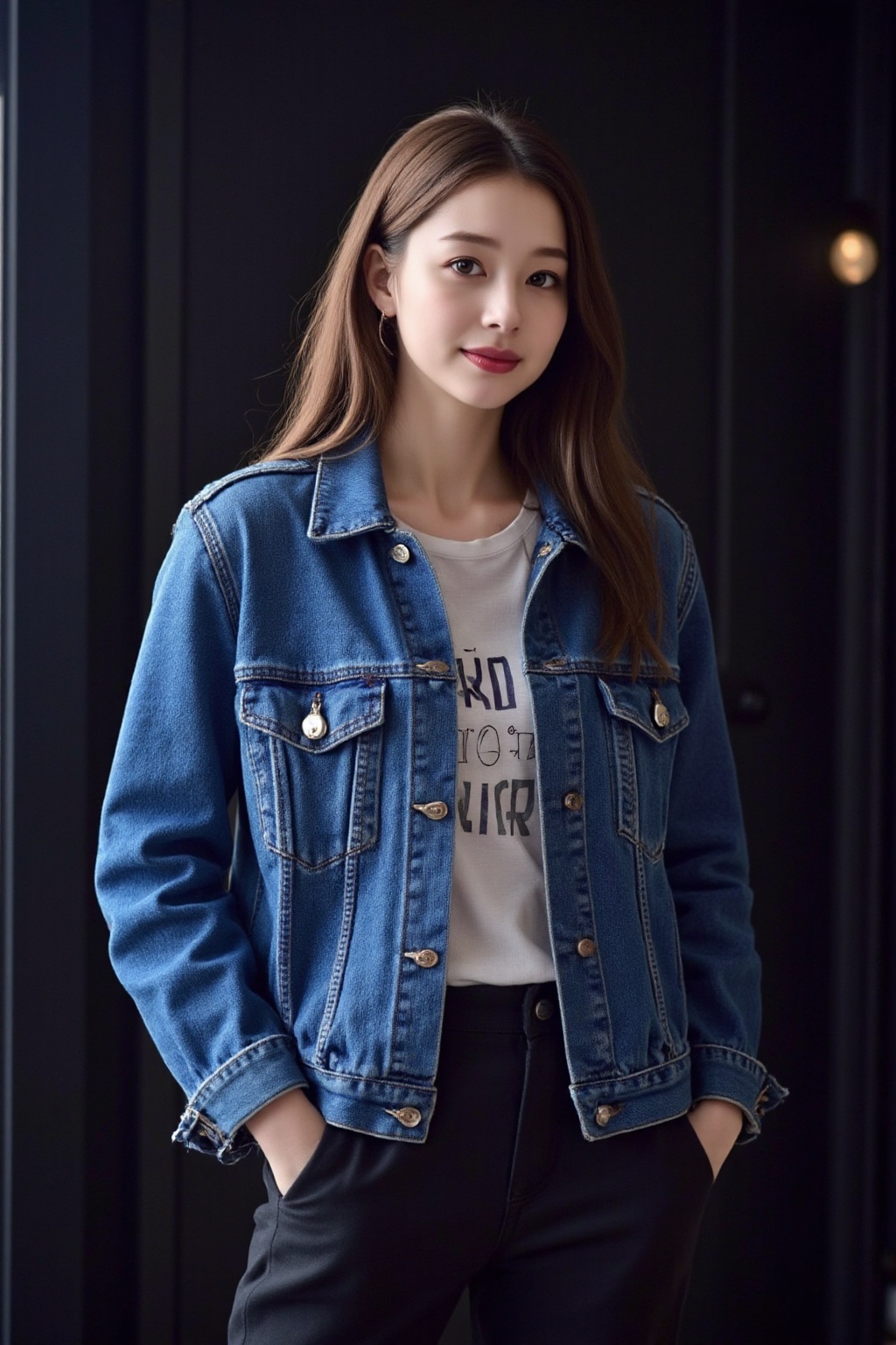 Create a vibrant scene featuring a young Asian woman with bright pink lips and a faint smile on her face,  wearing a trend...