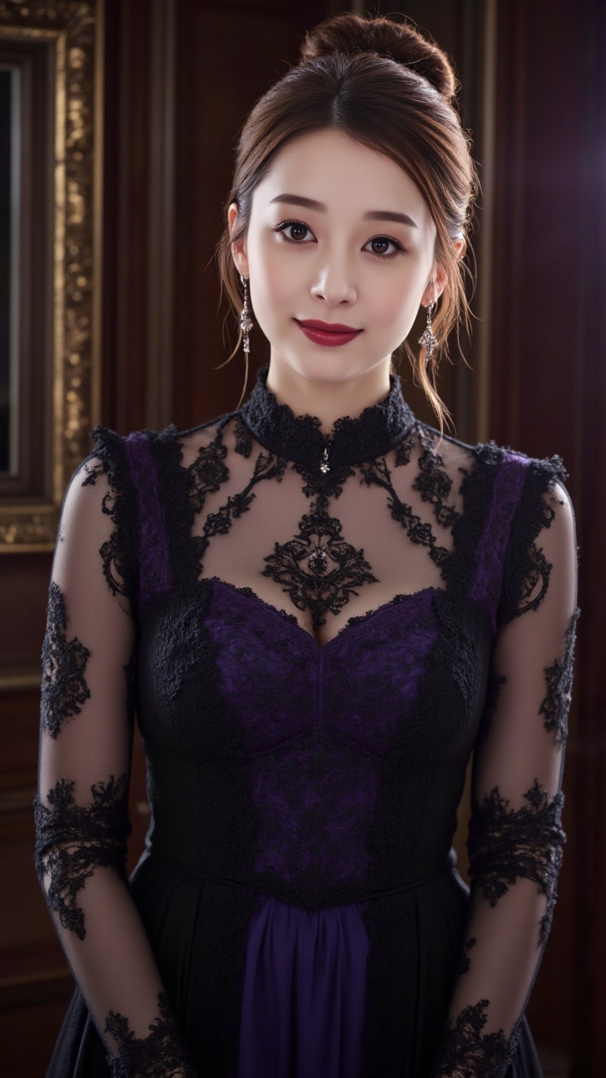 Create a detailed image of a young Asian woman with sexy bright pink lips and a charming smile on her face,  set in a goth...