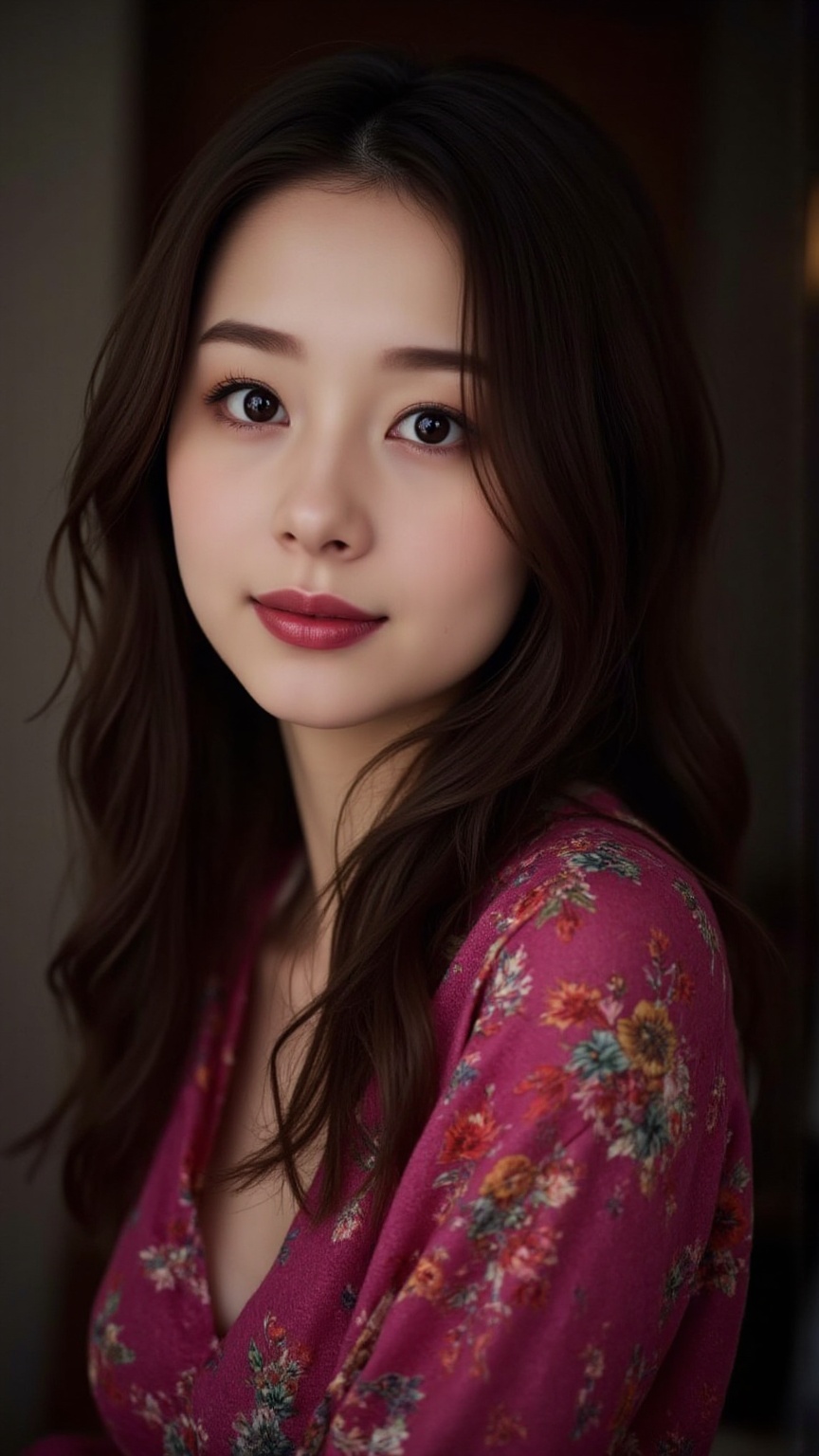 Create a vibrant scene featuring a young Asian woman with bright pink lips and a faint smile on her face,  wearing a trend...