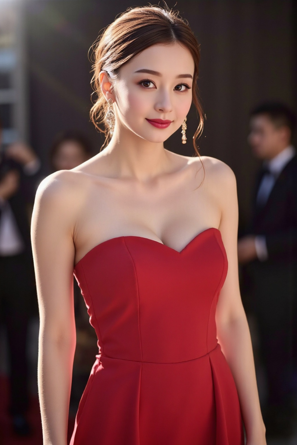 Create a vibrant image of a young Asian woman with bright pink lips and a faint smile,  wearing a tube-neck A-line dress....