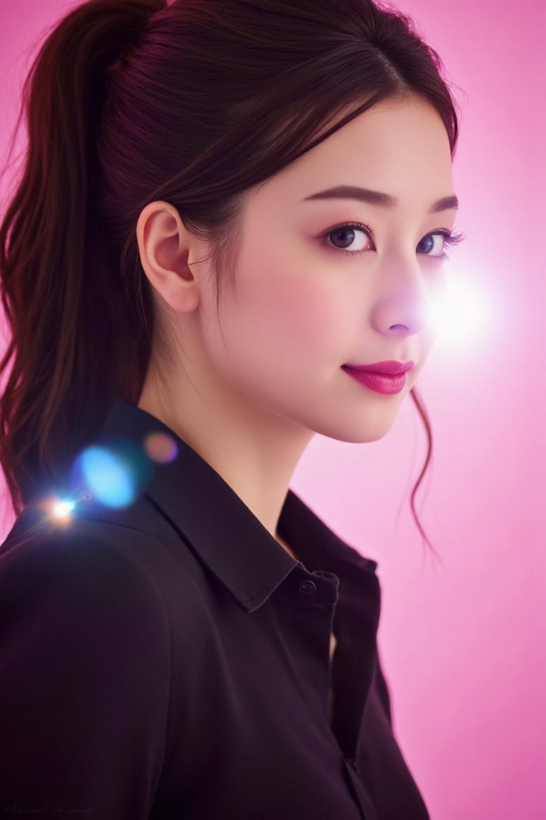 Create a vibrant image of a young Asian woman with bright pink lips and a faint smile. Emphasize her full hips for a strik...