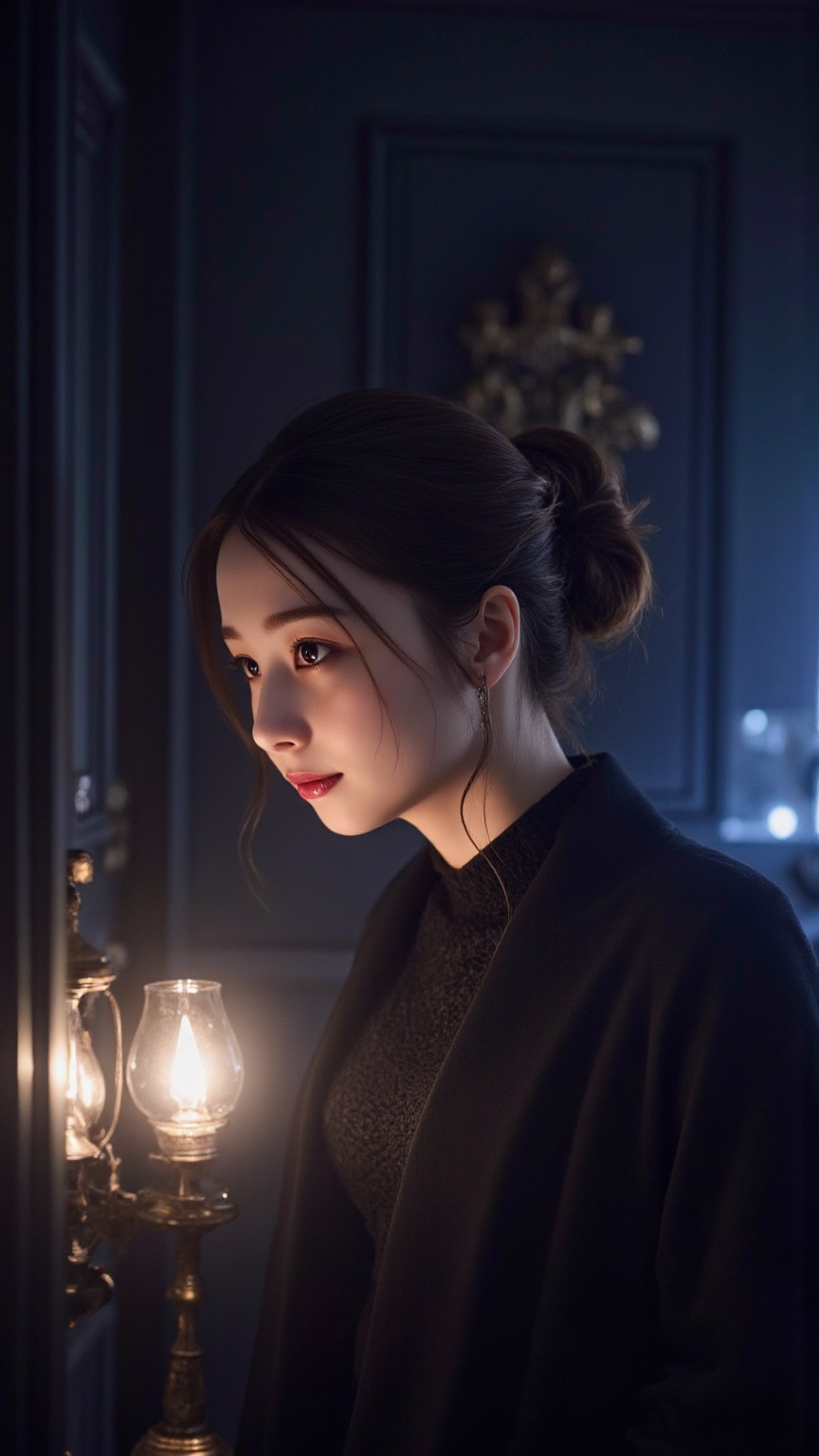 Create a detailed image of a young Asian woman with bright pink lips and a faint smile,  set in a gothic environment. The...