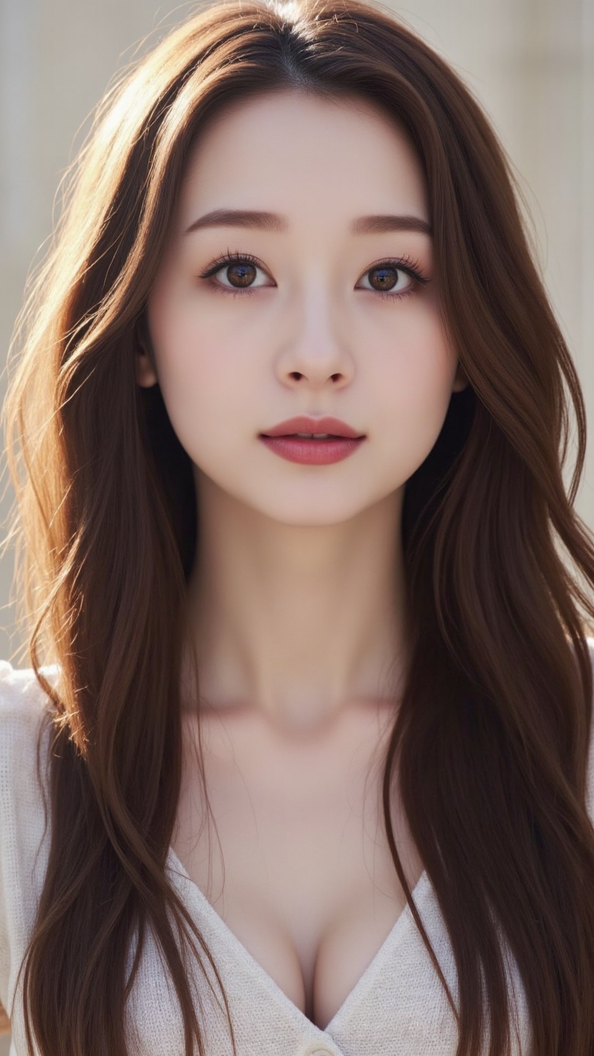 Create an image of an innocent Asian woman with silky long straight hair,  double eyelids,  and long lush eyelashes. She w...
