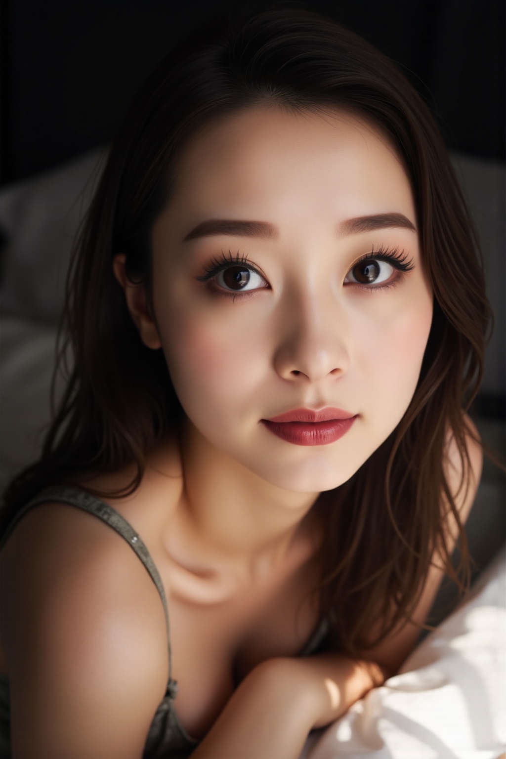 Create a close-up shot of a young Asian woman with alluring makeup,  including mascara,  eyeshadow on Tensor.Art