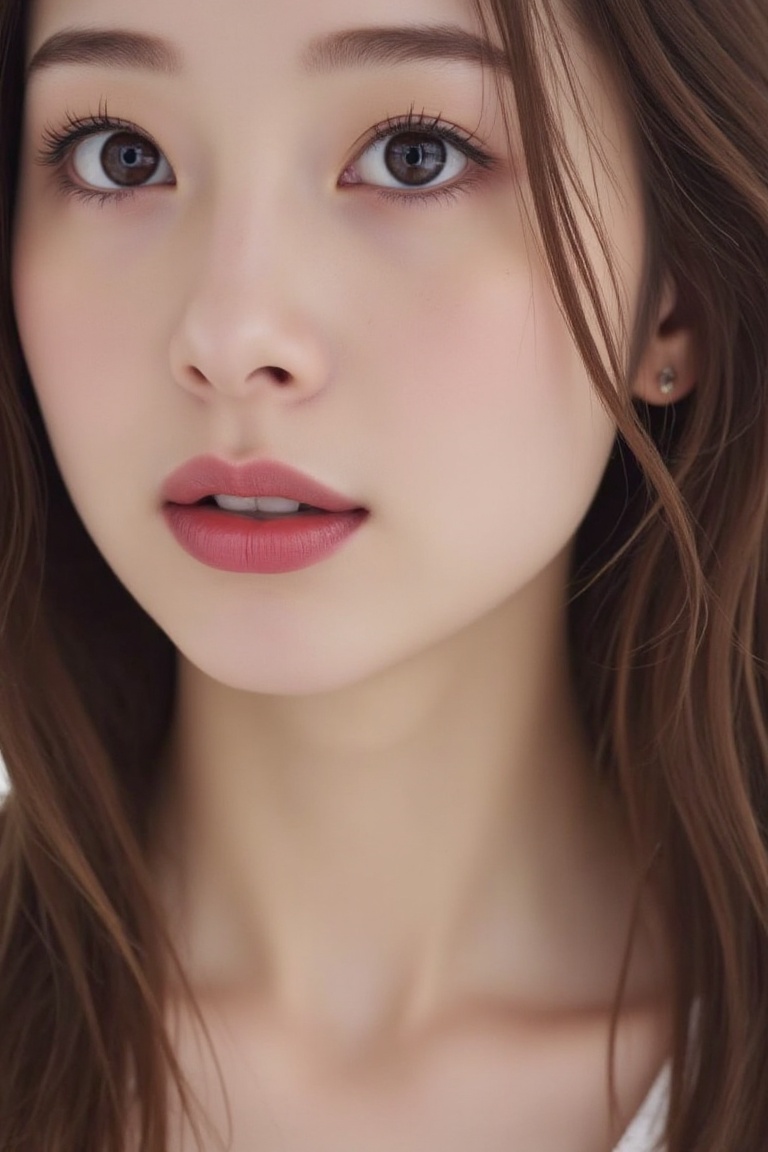 a young Asian woman,  bright pink lips,  faint smile on Tensor.Art
