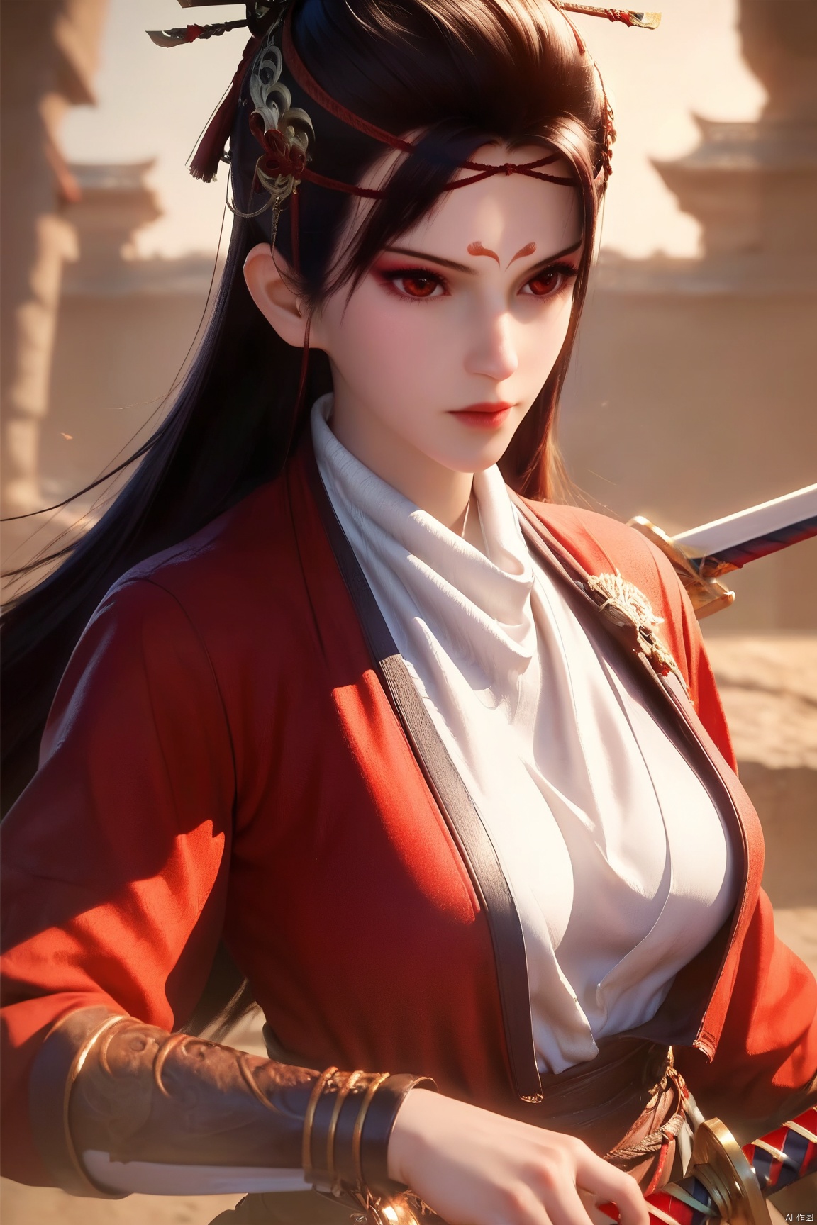 score_9, score_8_up, score_7_up,highly detailed digital,1girl, solo, long hair, breasts, brown hair, black hair, hair ornament, red eyes, long sleeves, holding, medium breasts, closed mouth, upper body, weapon, sword, holding weapon, lips, holding sword, sheath, red jacket, red lips