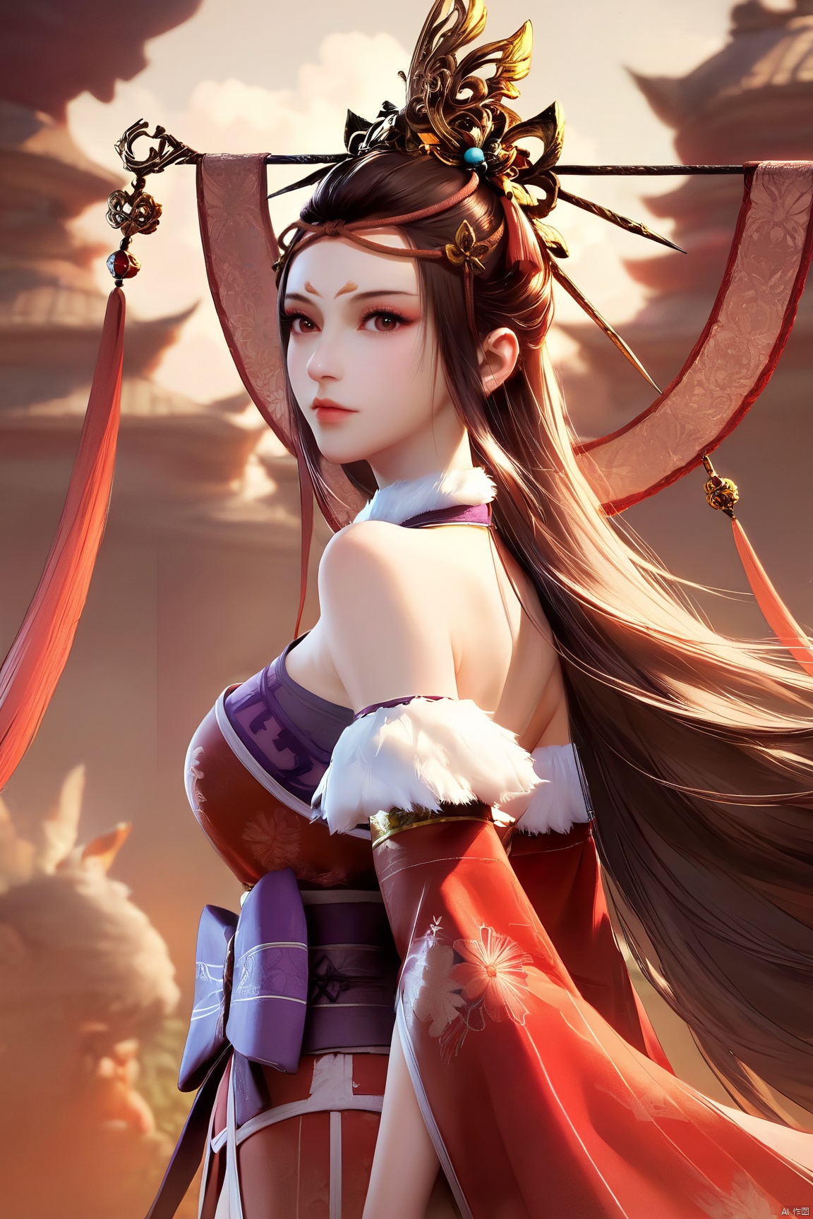 score_9, score_8_up, score_7_up,highly detailed digital,1girl, solo, long hair, looking at viewer, brown hair, hair ornament, dress, bare shoulders, brown eyes, upper body, detached sleeves, from side, sash, fur trim, chinese clothes